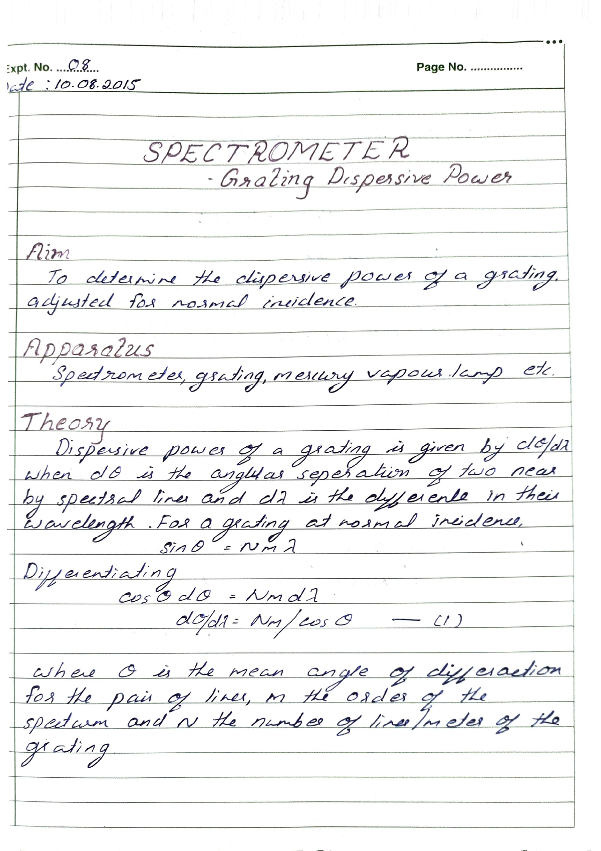 dispersive power of grating experiment