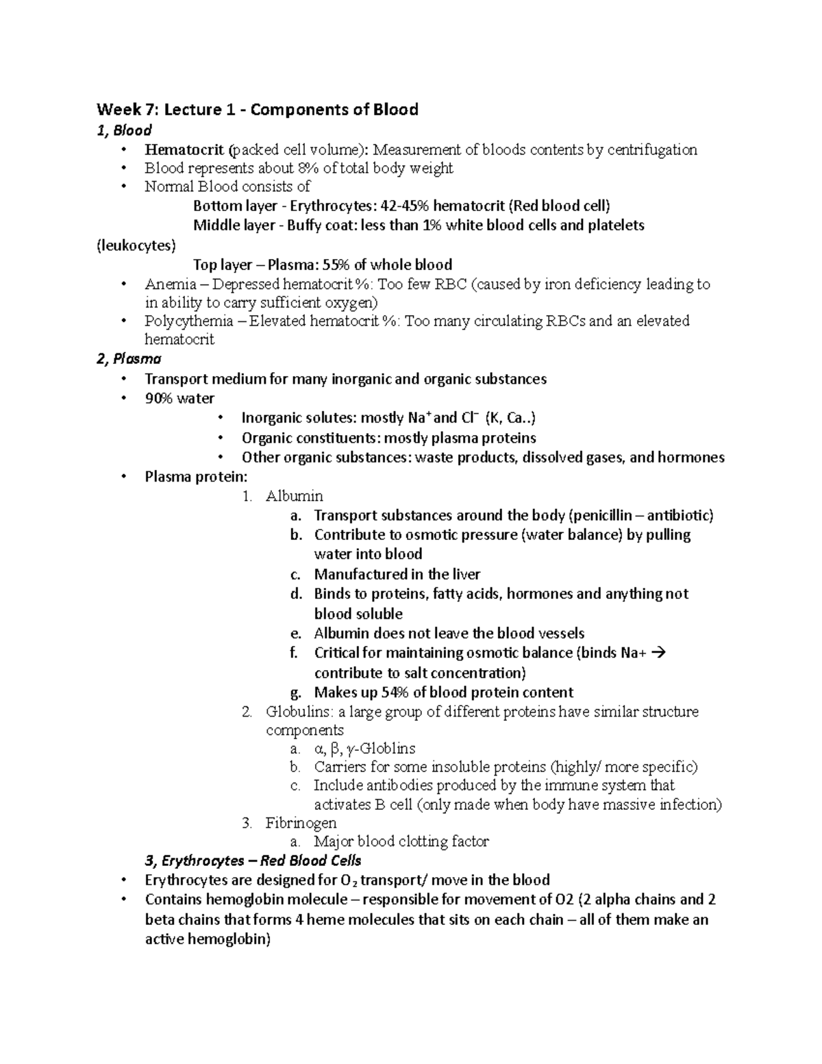 Week 7 - Lecture Notes - Week 7: Lecture 1 - Components of Blood 1 ...