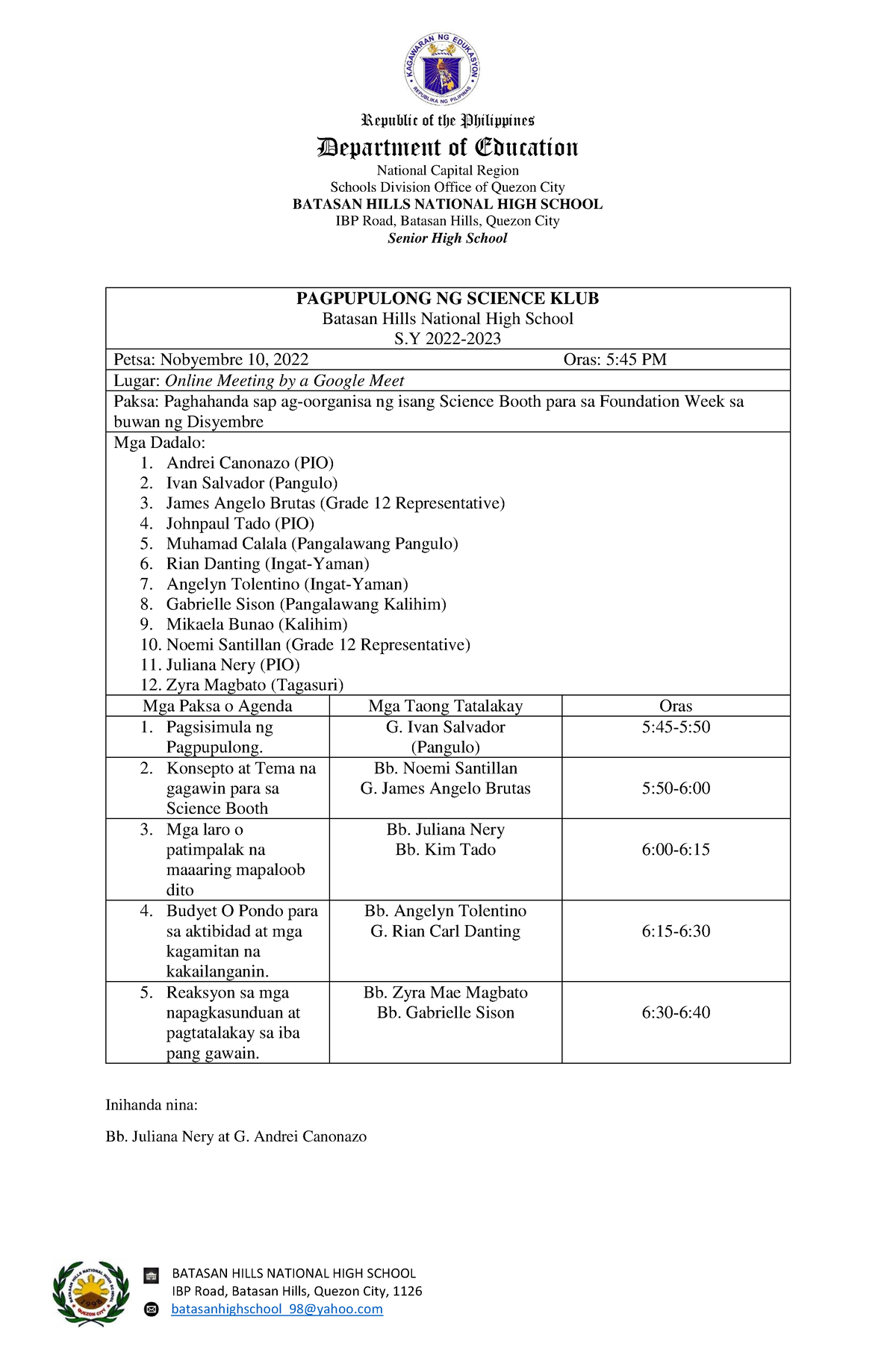 Adyenda Ika Apat Na Pangkat Republic Of The Philippines Department Of Education National 