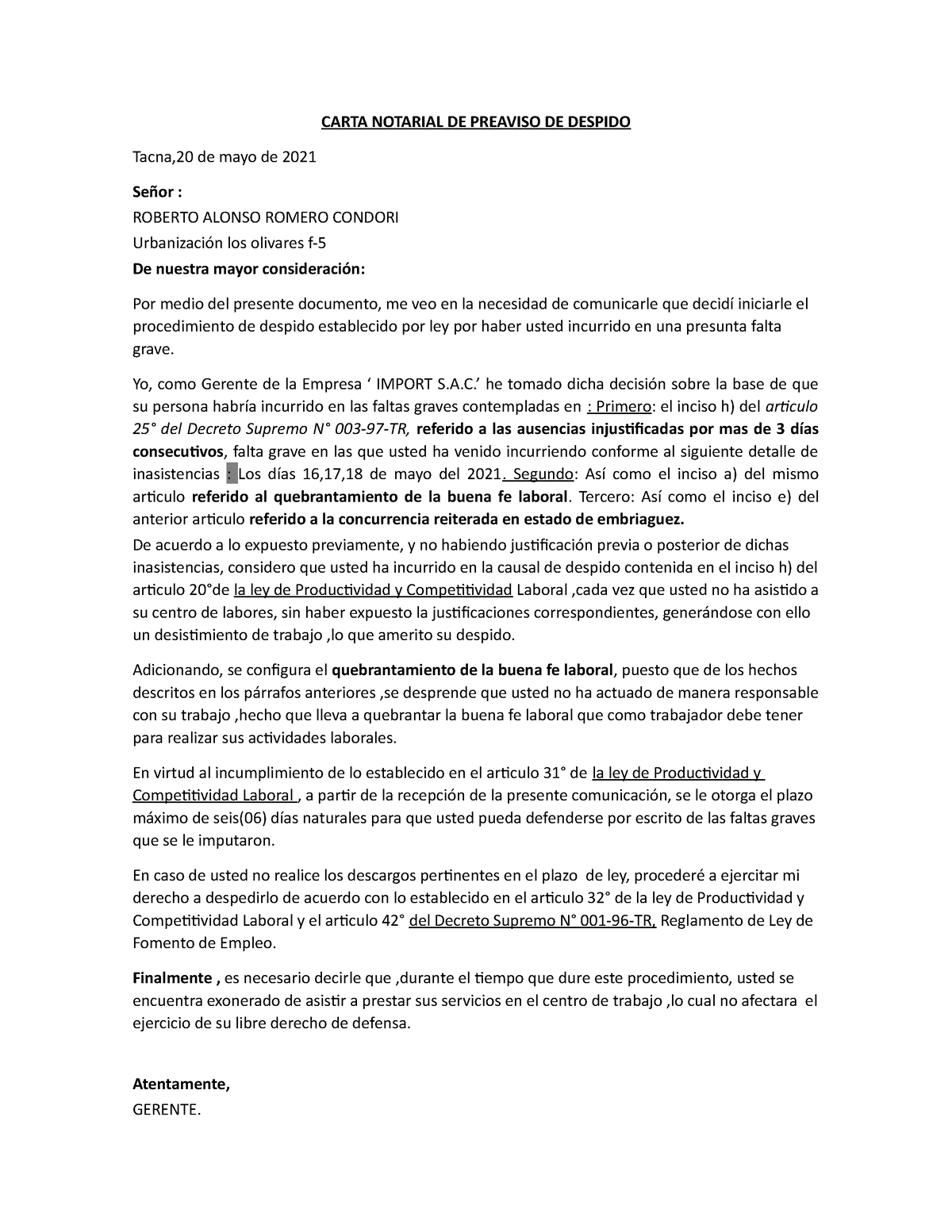 Carta De Preaviso De Despido Carta Notarial De Preaviso De Despido Tacna20 De Mayo De 2021 5595