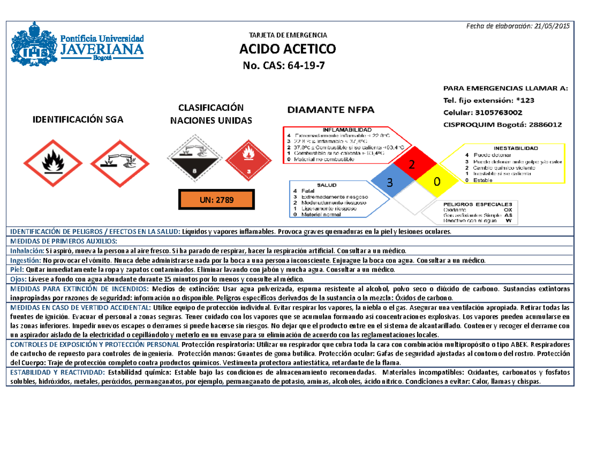 Rombo De Seguridad Del Acido Acetico