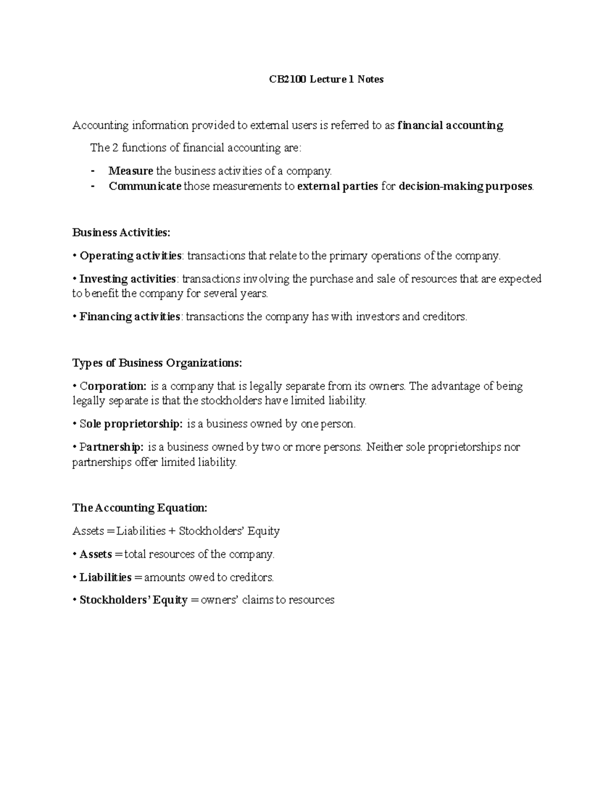 CB2100 Lecture 1 Notes - Summary Introduction to Financial Accounting ...