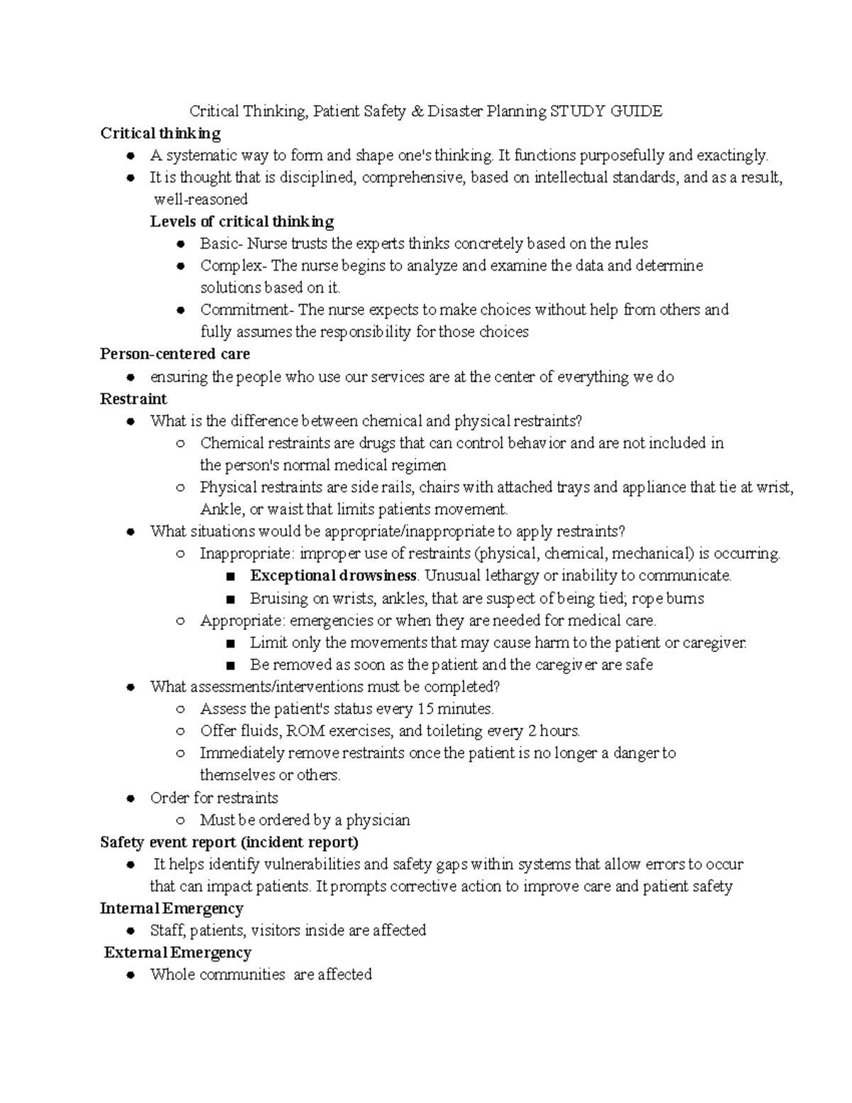 Critical Thinking, Patient Safety & Disaster Planning Study Guide ...