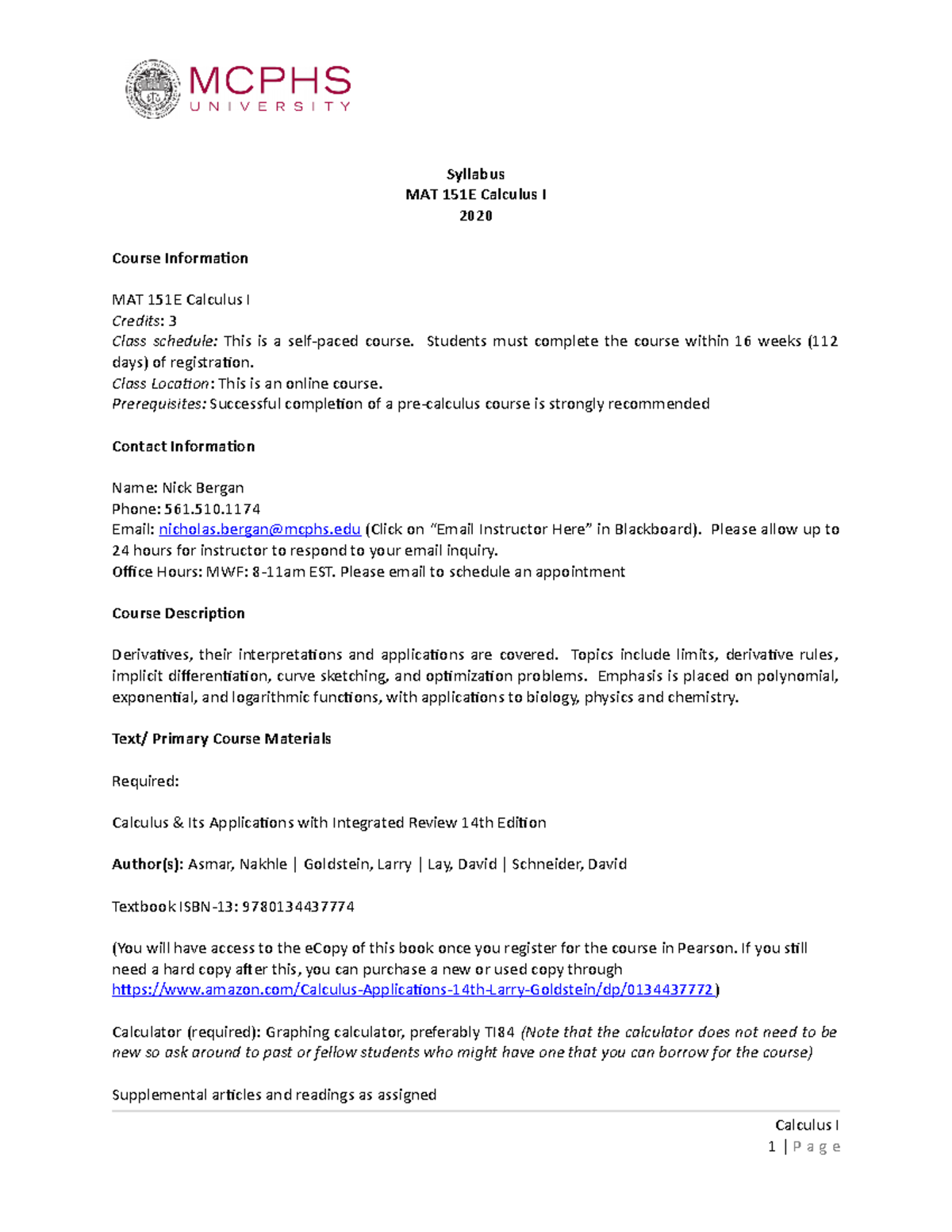 MAT-151E-Syllabus 2020- 1 - Syllabus MAT 151E Calculus I 2020 Course ...