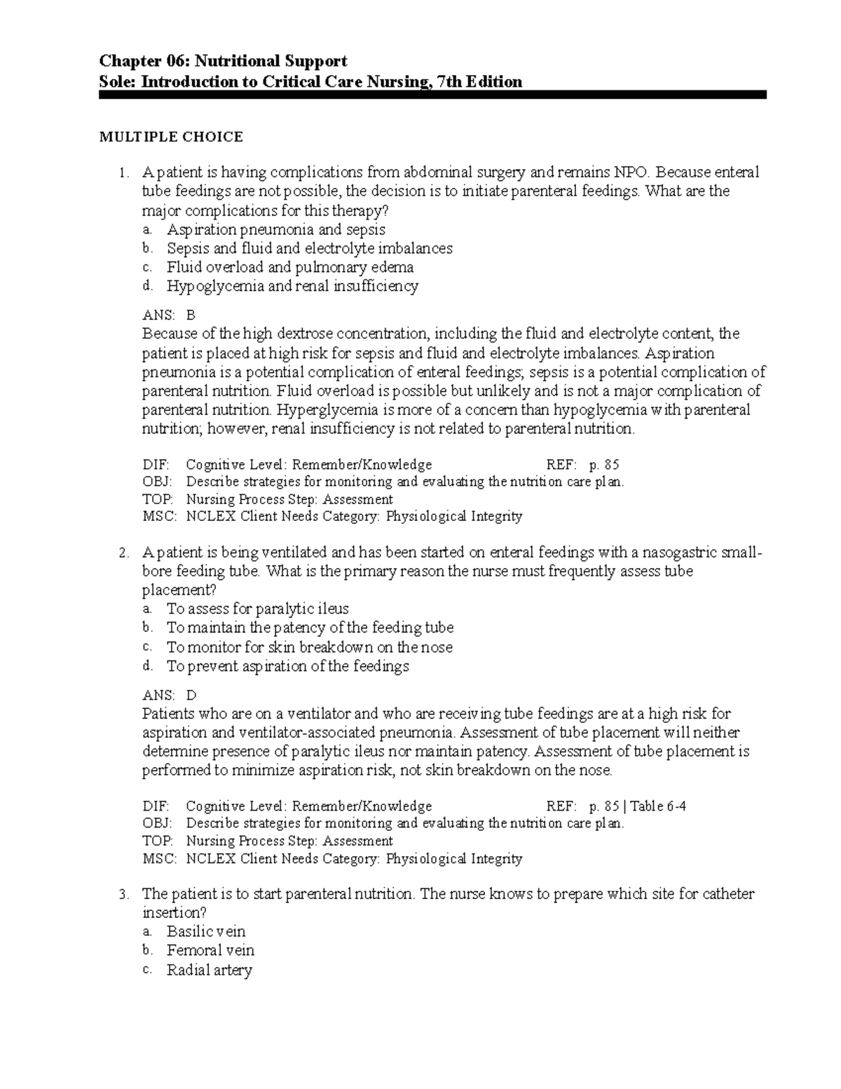 Chapter 6 Quiz - Chapter 06: Nutritional Support Sole: Introduction to ...