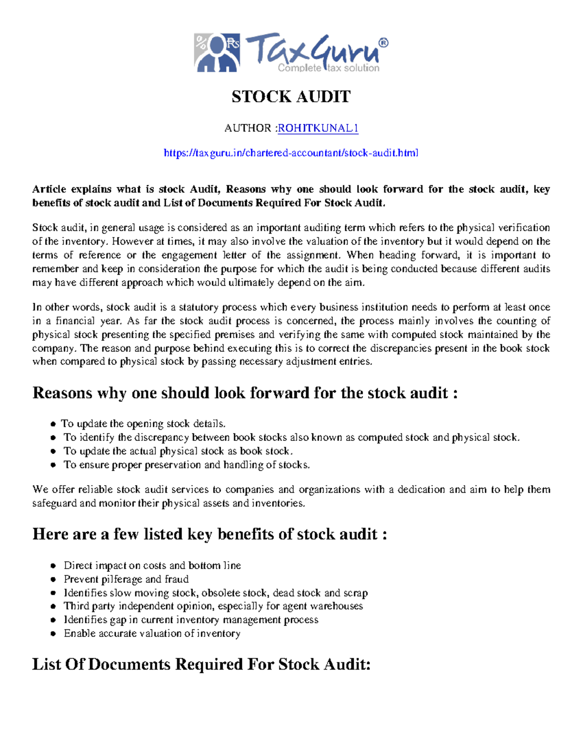 Stock Audit Taxguru Very Useful STOCK AUDIT AUTHOR ROHITKUNAL