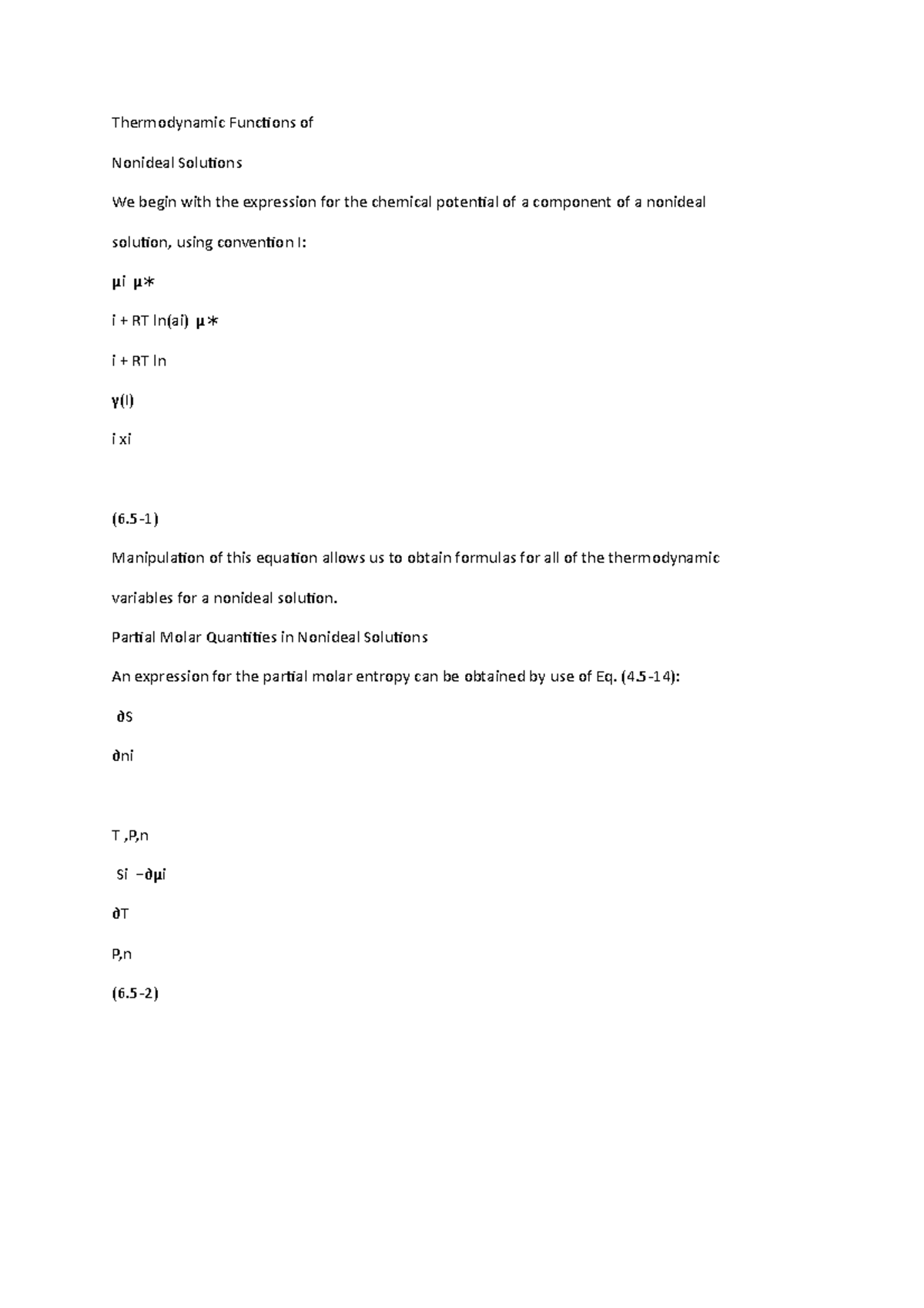Thermodynamic Functions - Partial Molar Quantities in Nonideal ...