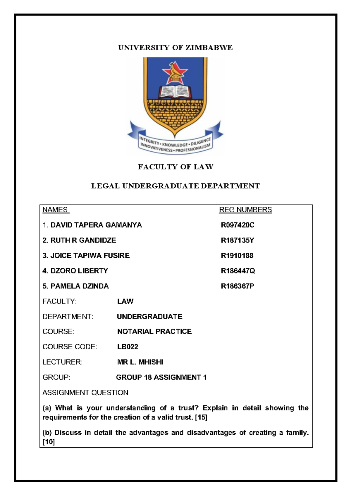 Group 18 Notary Assignment final UNIVERSITY OF ZIMBABWE FACULTY OF