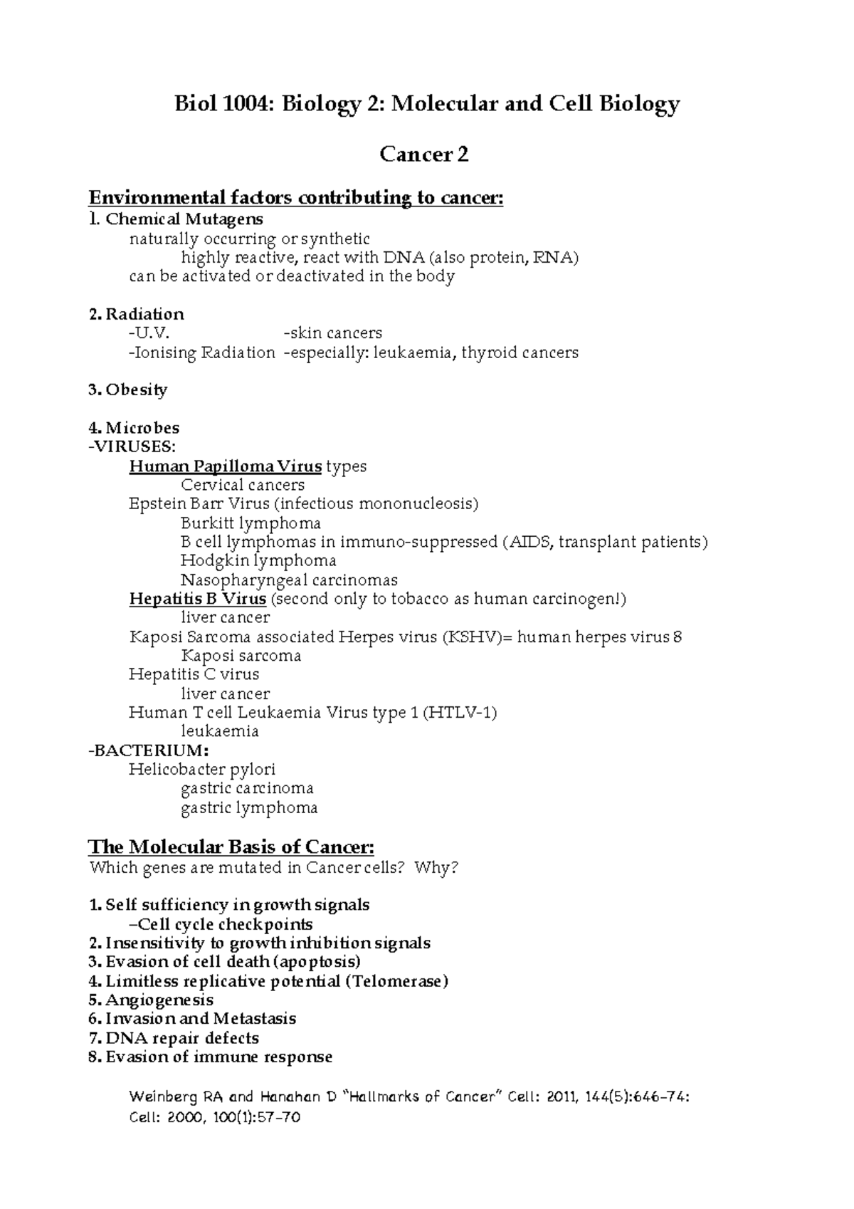 Cancer 2 - Dr. Aude Fahrer - Biol 1004: Biology 2: Molecular and Cell ...