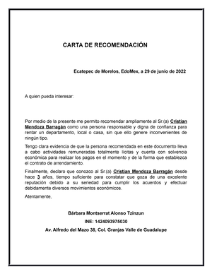 Carta de recomendacion para arrendatario - CARTA DE RECOMENDACIÓN Ecatepec  de Morelos, EdoMex, a 29 - Studocu