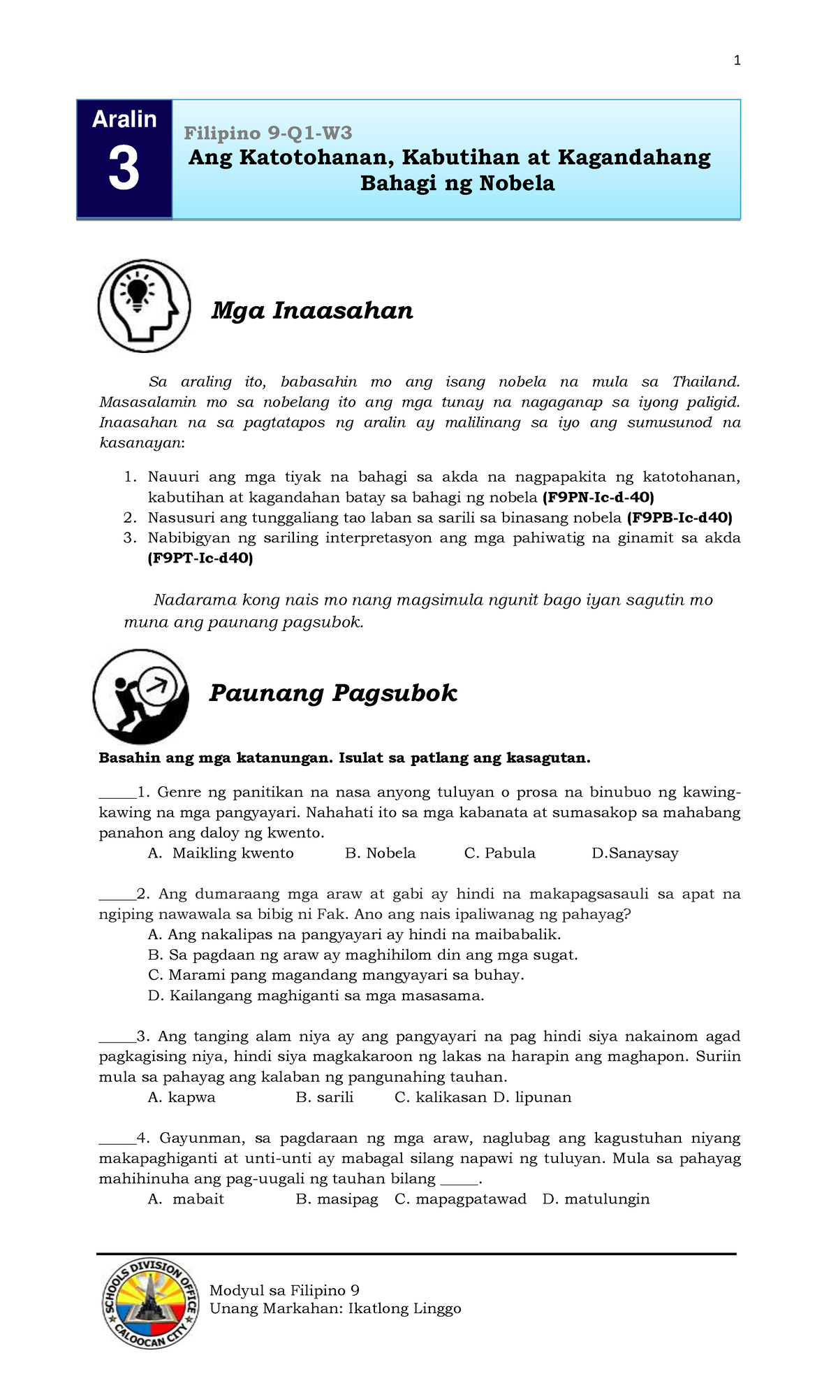 Filipino-9-Q1-Week-3 - Modyul Sa Filipino 9 Sa Araling Ito, Babasahin ...