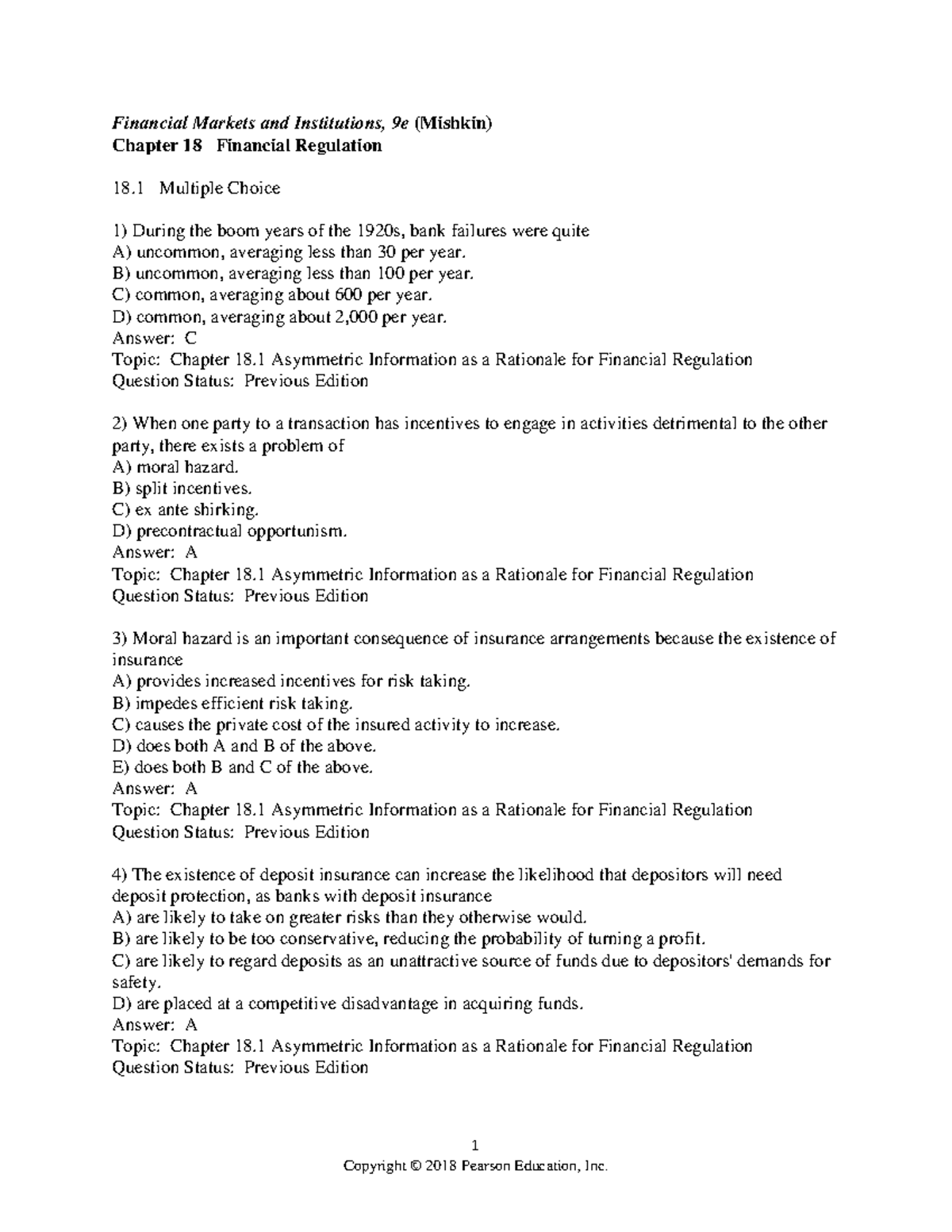 Chapter 18 - Fina3017 test bank - 1 Financial Markets and Institutions ...