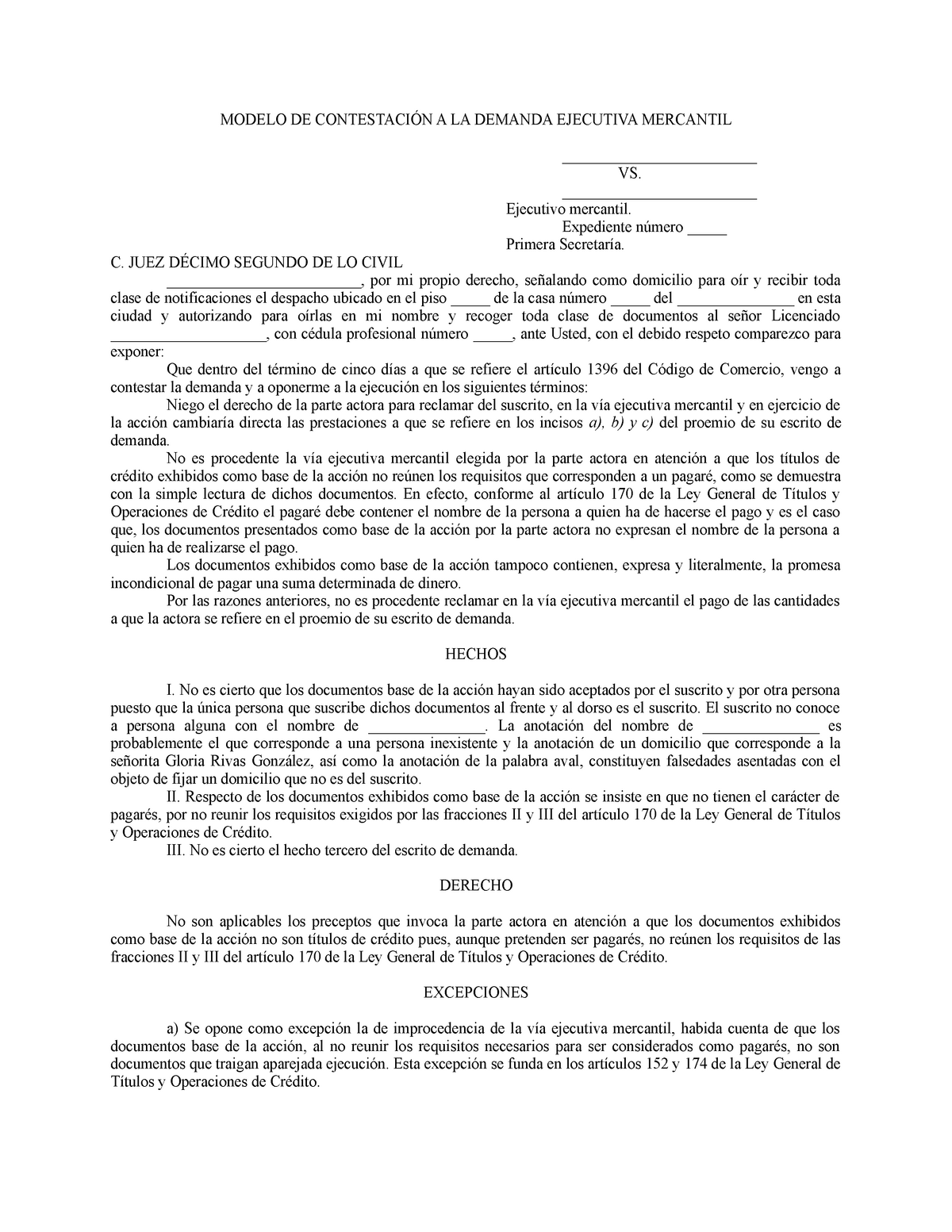 Contestación a demanda ejecutiva mercantil 3 - MODELO DE CONTESTACIÓN A LA DEMANDA  EJECUTIVA - Studocu