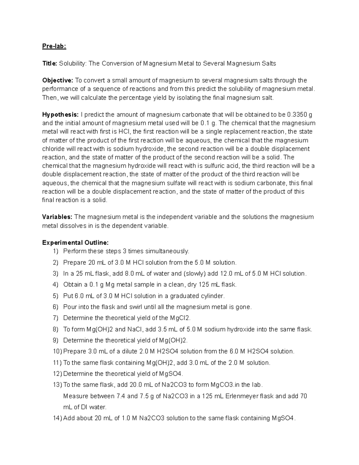Lab report Solubility The Conversion of Magnesium Metal to Several