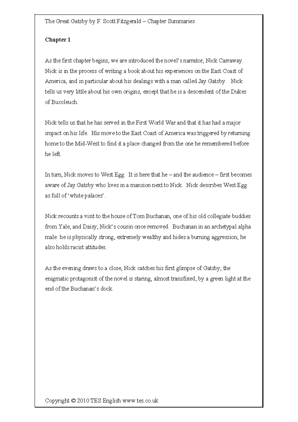 The great gatsby chapter summaries - Chapter 1 As the first chapter ...