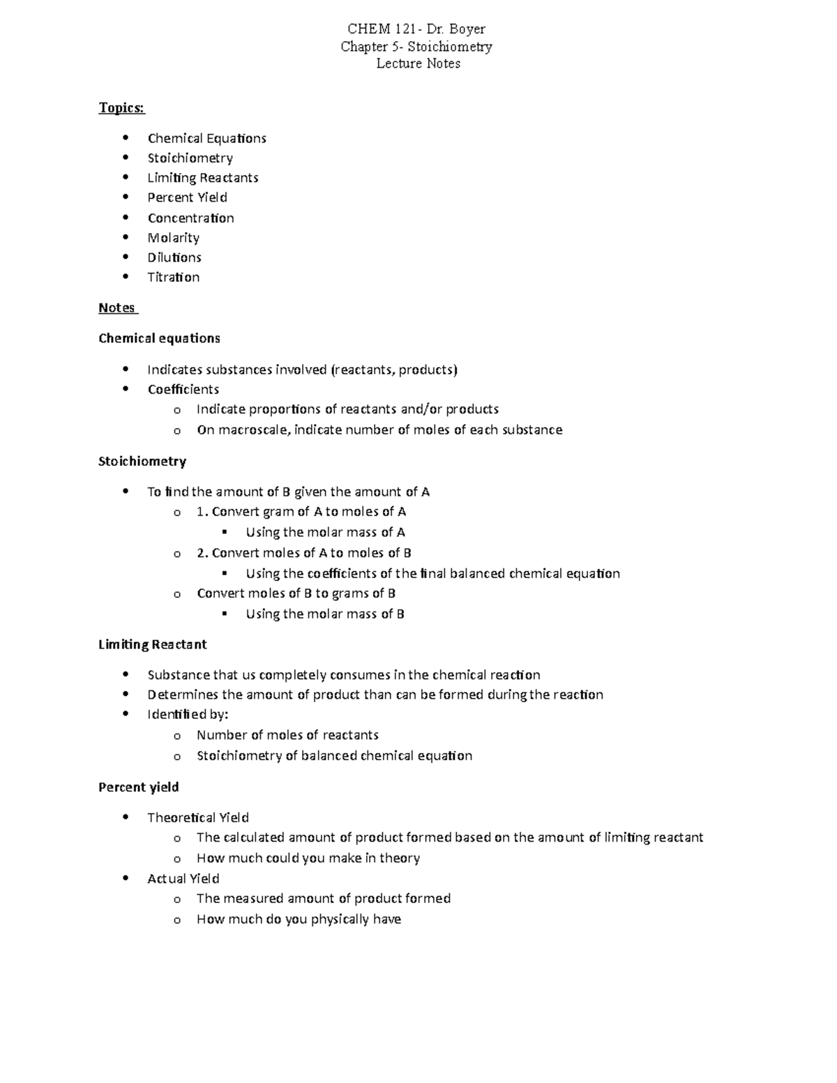 Chapter 5 lecture notes - CHEM 121- Dr. Boyer Chapter 5- Stoichiometry ...