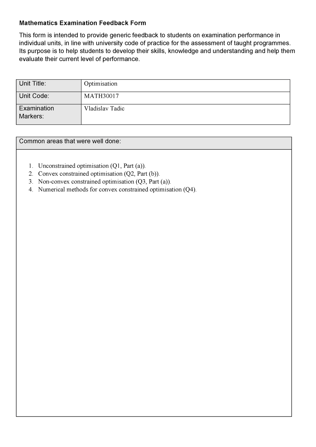 Optimisation Exam Feedback 2020 - Mathematics Examination Feedback Form ...