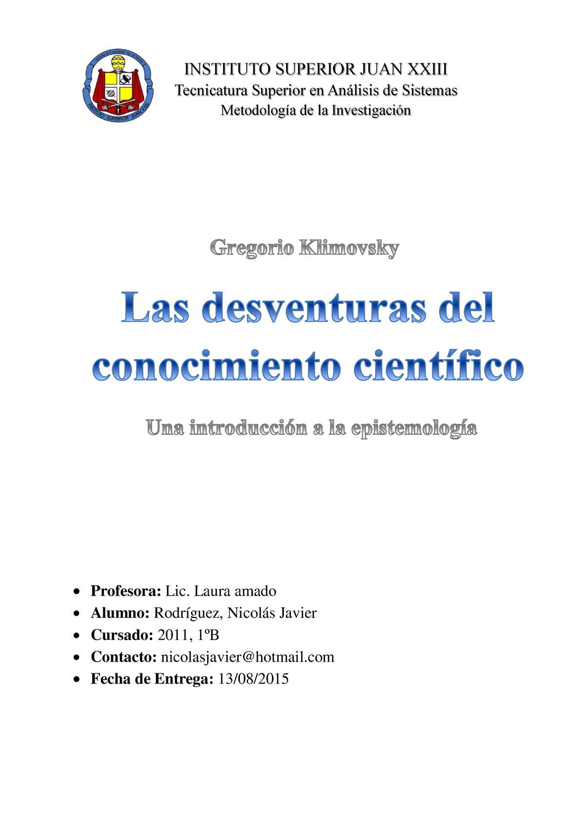 Las Desventuras Del Conocimiento Cientifico Klimovsky - INSTITUTO ...