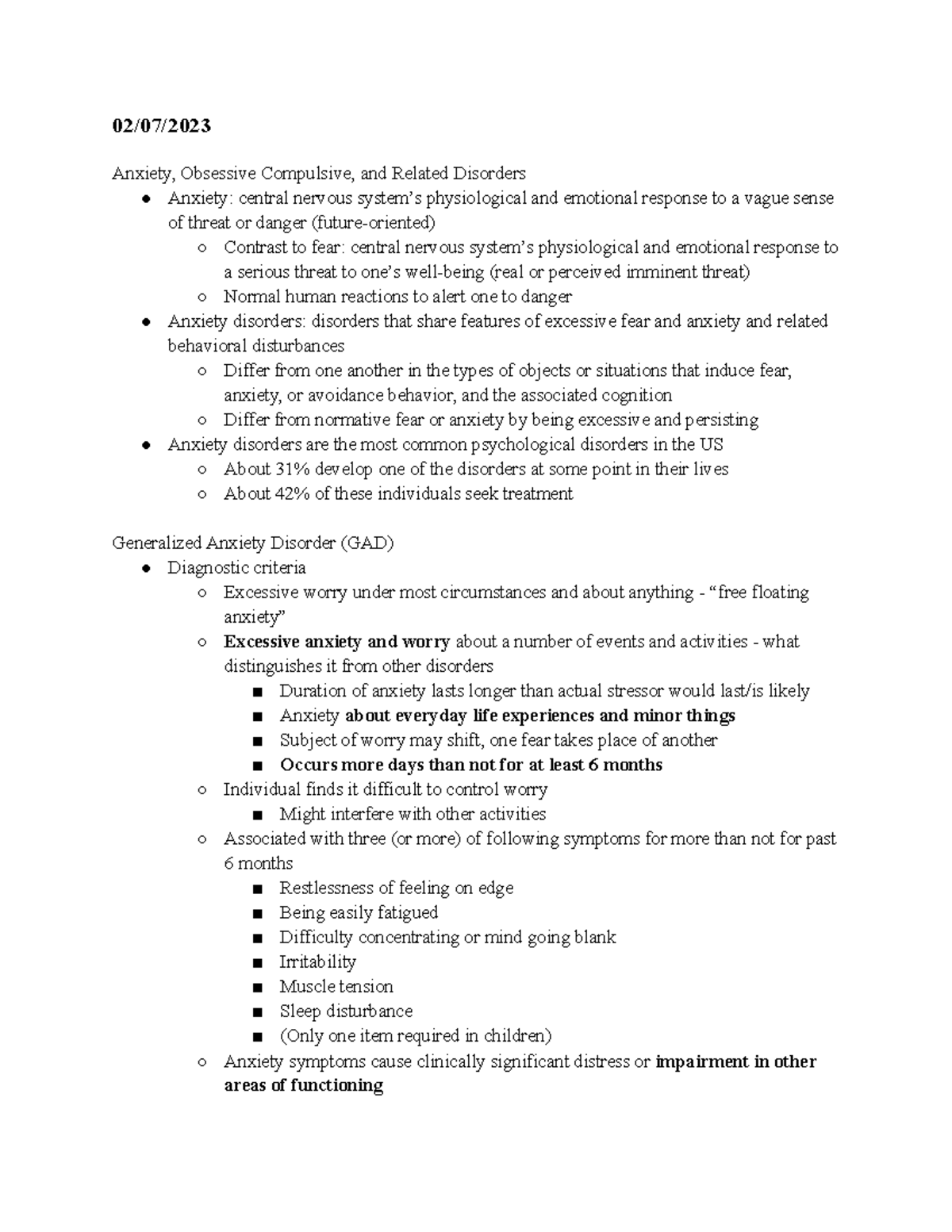 Unit 2 - Lecture notes for Unit 2 - 02/07/ Anxiety, Obsessive ...