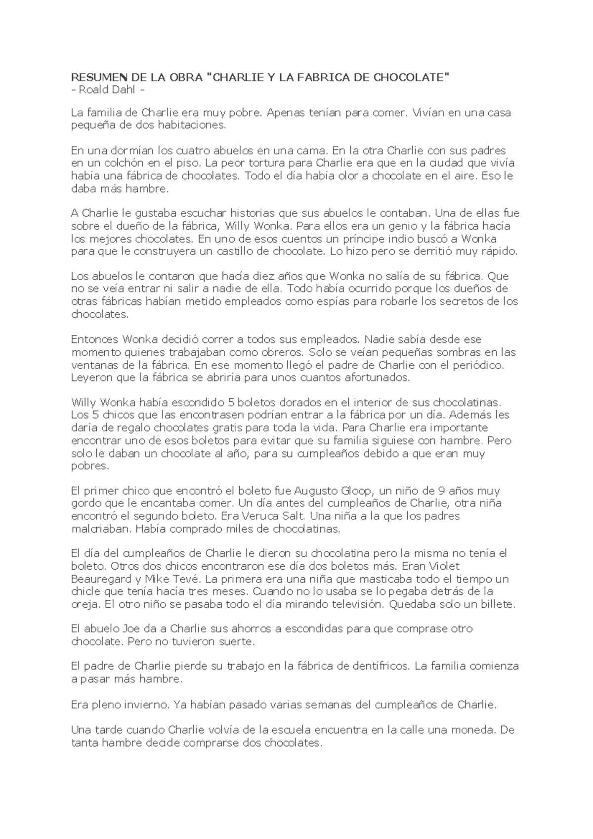 Resumen De La Obra Summary Charlie Y La Fabrica De Chocolate Studocu