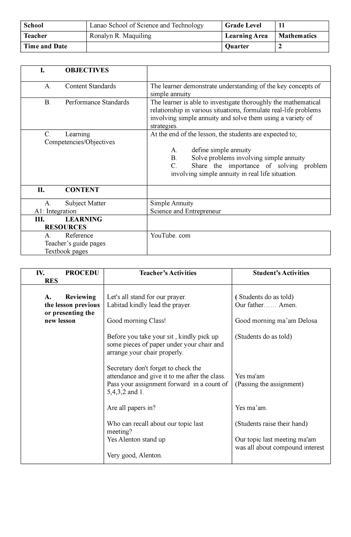 Simple annuity - mathematics 7 - School Lanao School of Science and ...