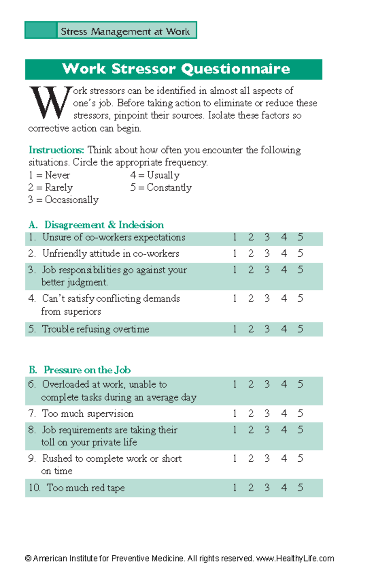 Printable Stressor Survey