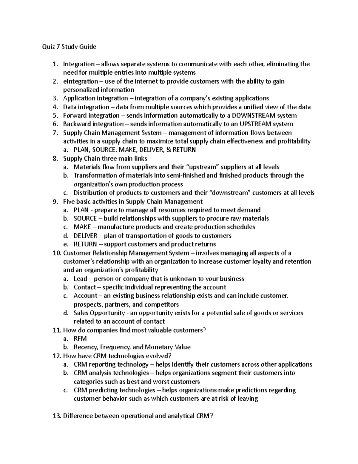 MIS Study Guide QUIZ 7 - Quiz 7 Study Guide Integration – allows ...