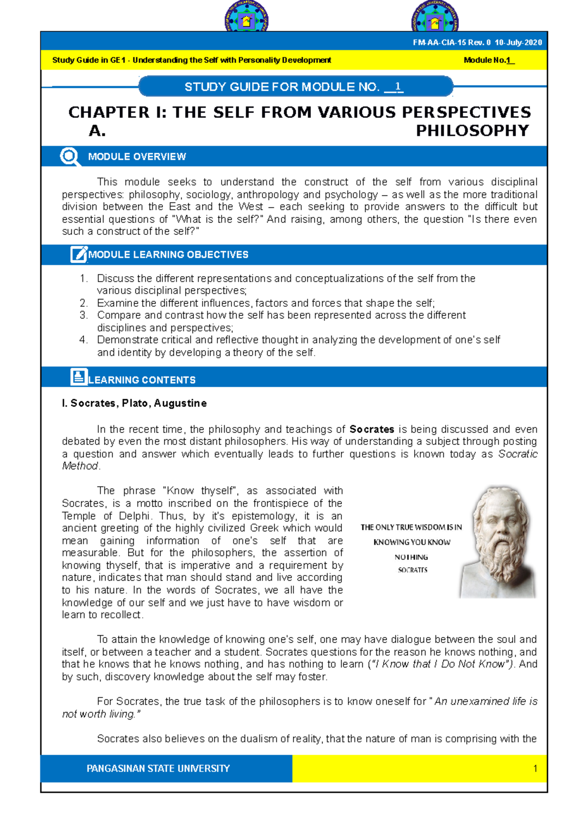 Ge1 Module 1 Philosophy 1 Chapter I The Self From Various