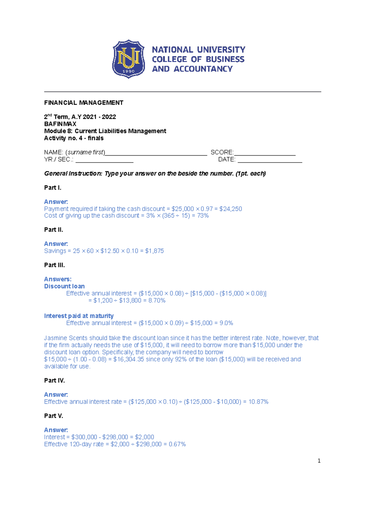 Learning Activity 4-finals with answers - FINANCIAL MANAGEMENT 2 ...