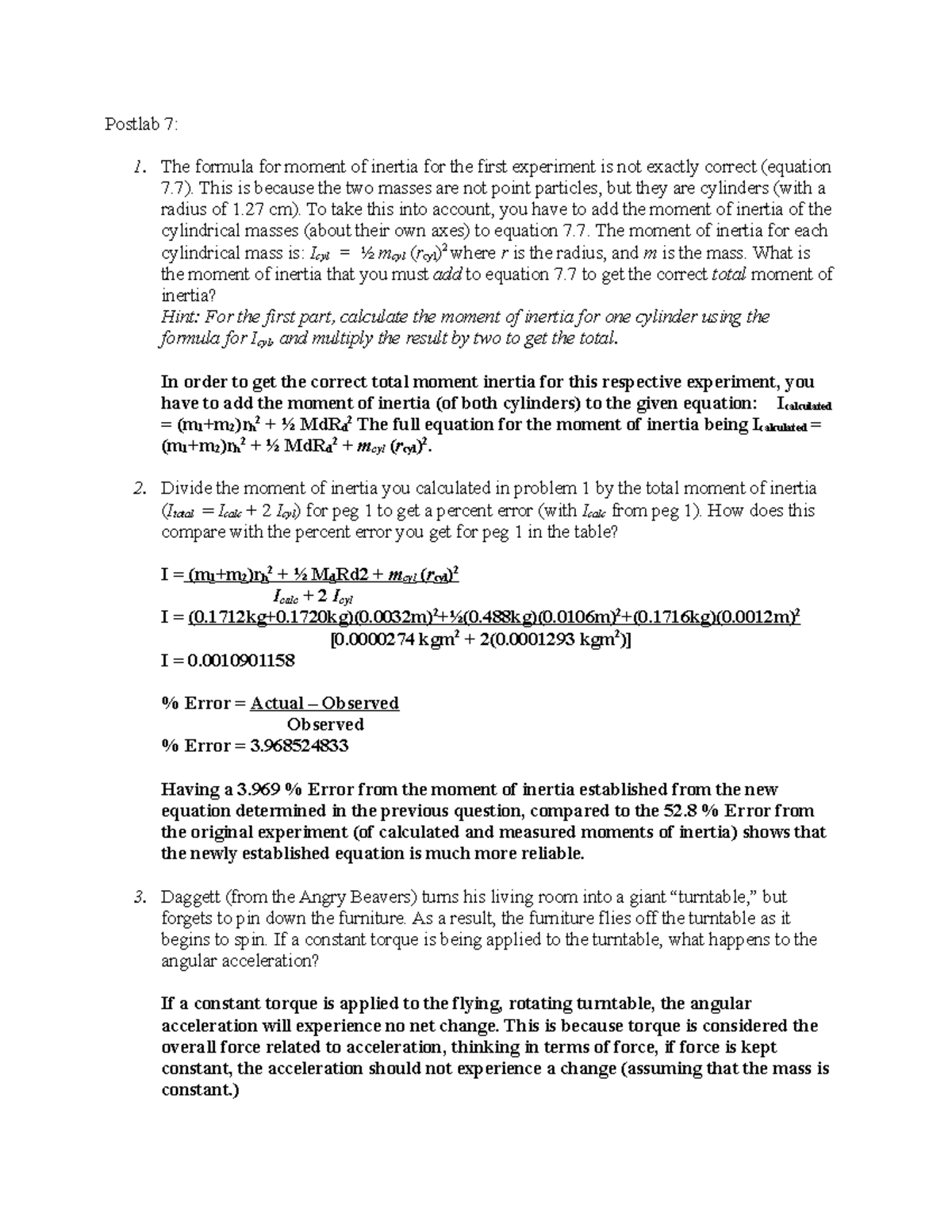 Postlab 07 - physics post-lab assignment - Postlab 7: The formula for ...