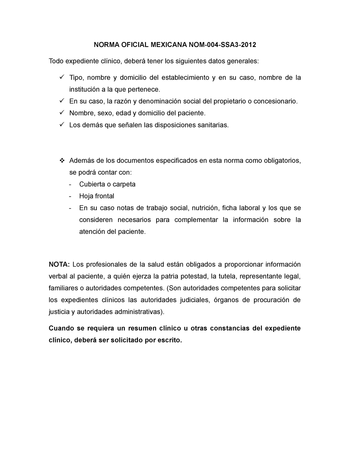 Expediente Clínico Resumen De La Nom 004 Ssa3 2012 Para El Expediente Clínico Norma Oficial 6541