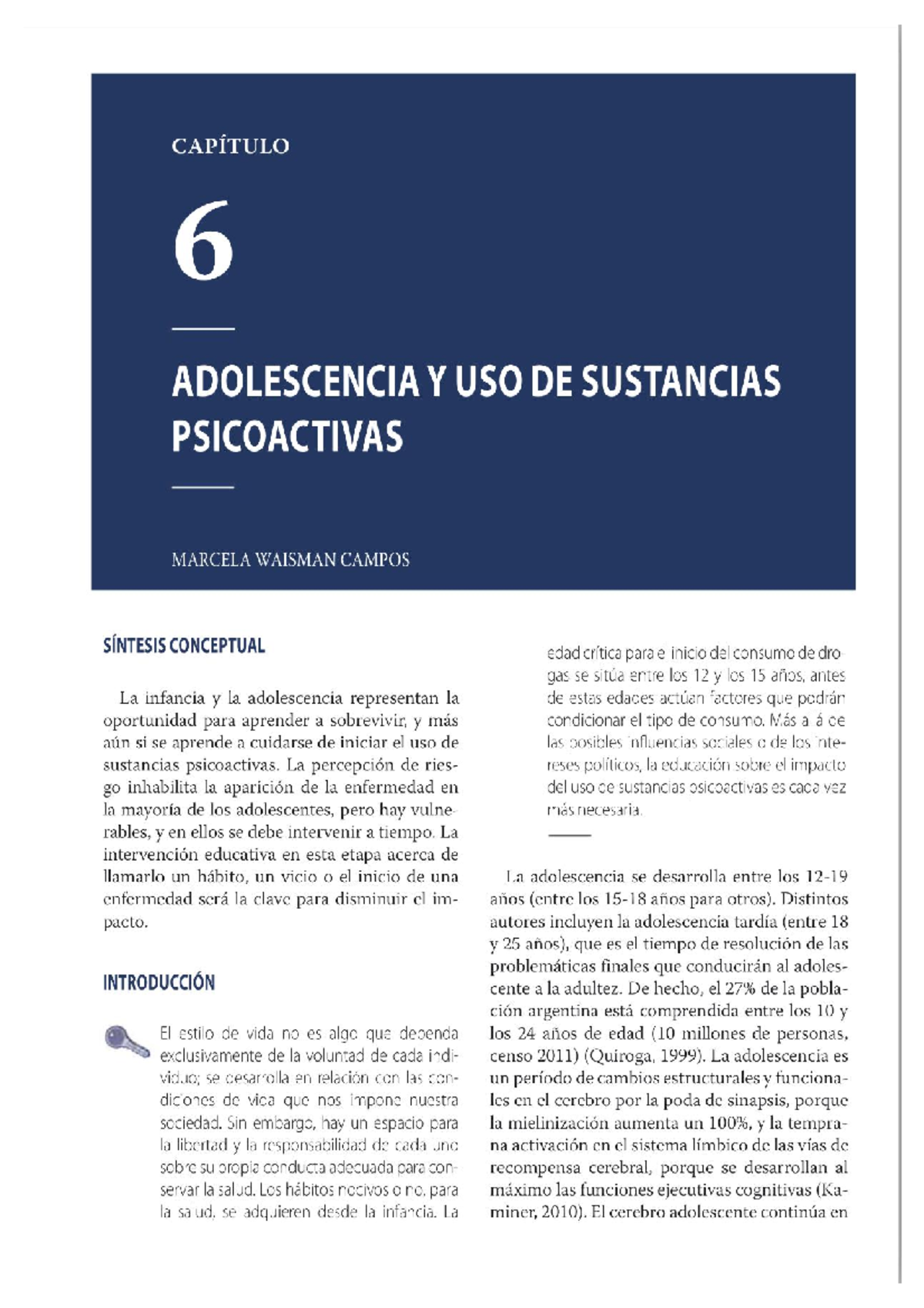 7 Adolescencia y Embarazo - CAPÍTULO 6 ADOLESCENCIA Y USO DE SUSTANCIAS  PSICOACTIVAS MARCELA WAISMAN - Studocu