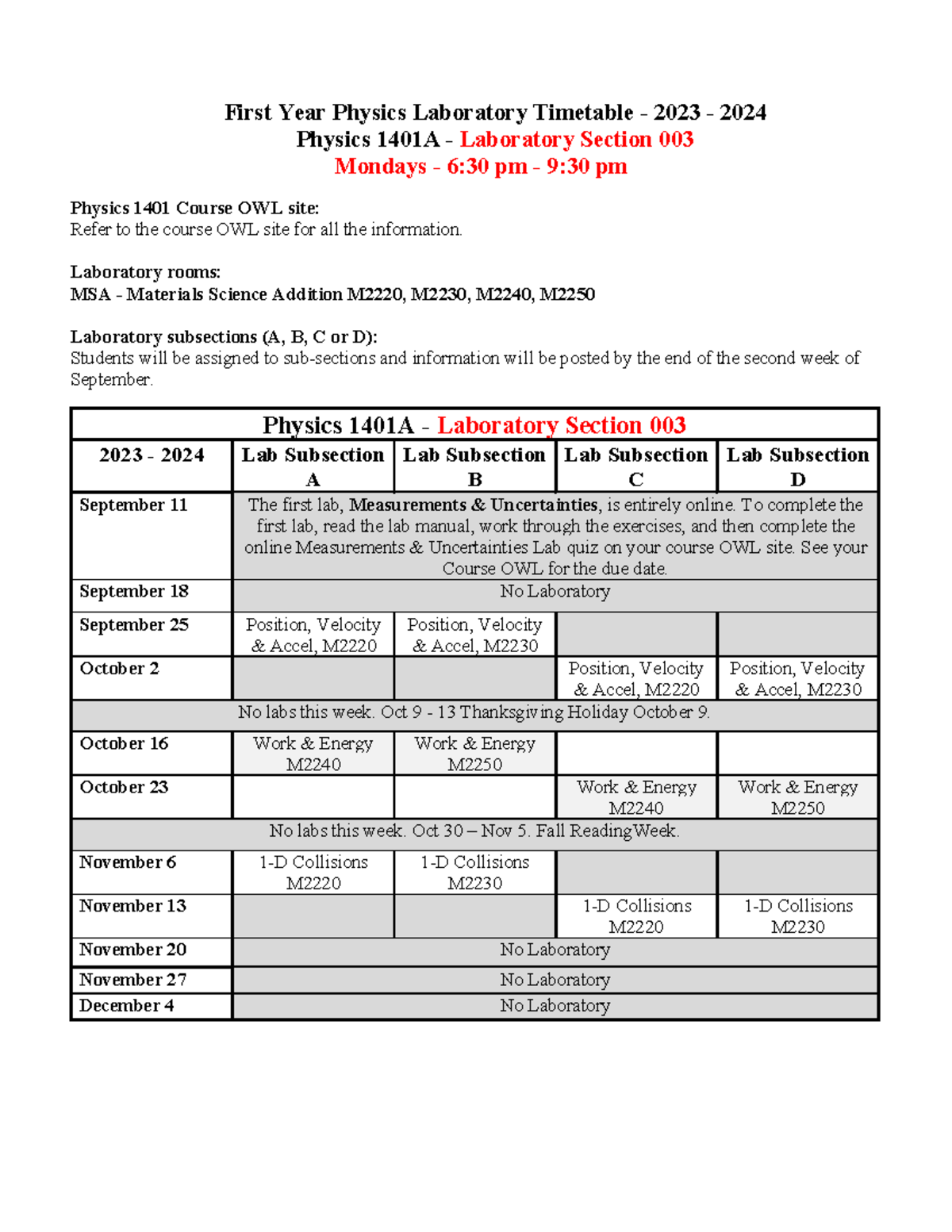 Phyiscs 1401-Lab Schedule - First Year Physics Laboratory Timetable ...