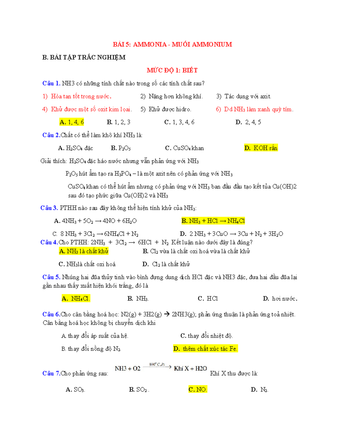 BÀI 5 - BÀI 5 - BÀI 5: AMMONIA - MUỐI AMMONIUM B. BÀI TẬP TRẮC NGHIỆM ...