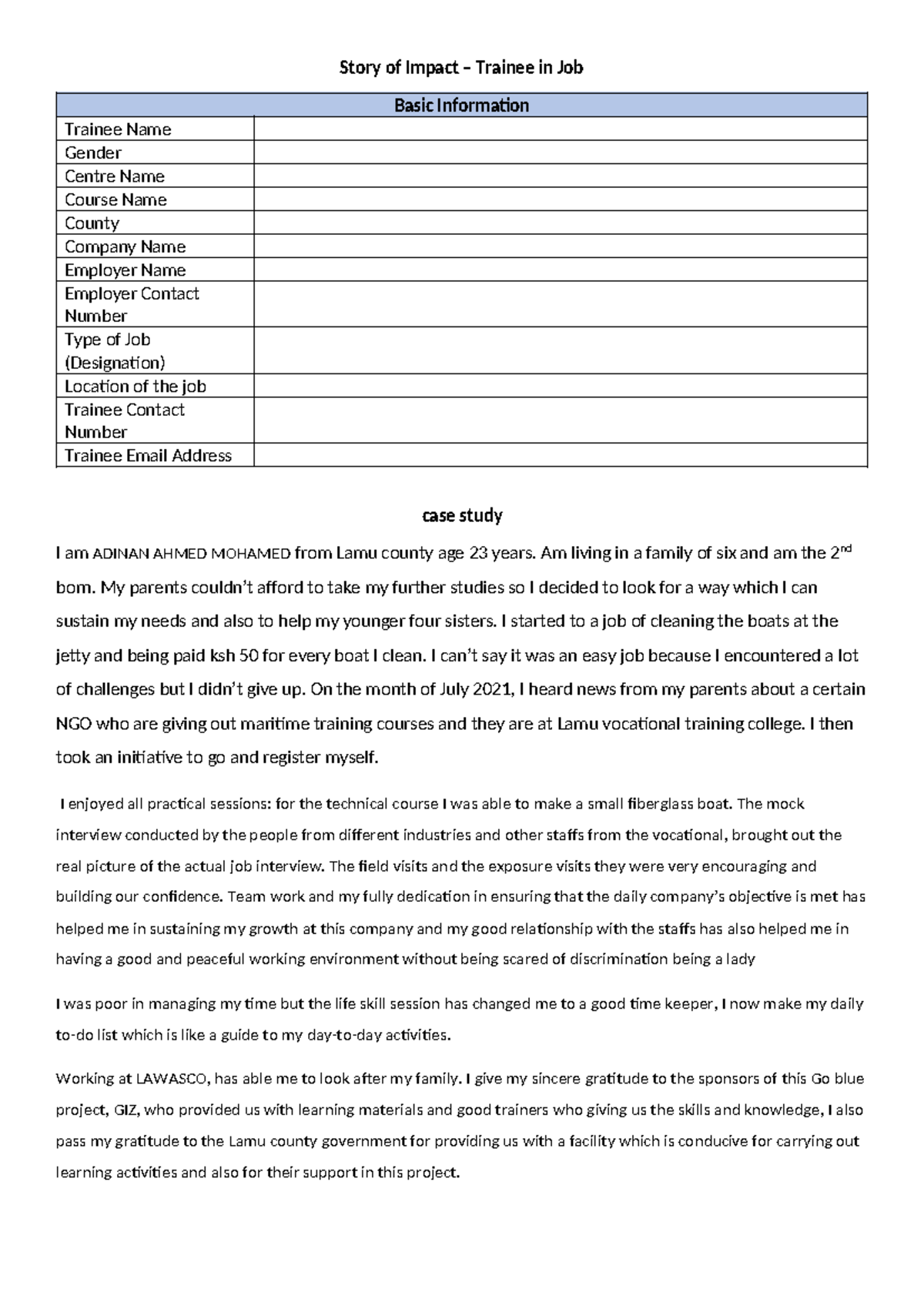 Sample CASE Study - impact story of selected students from the ...