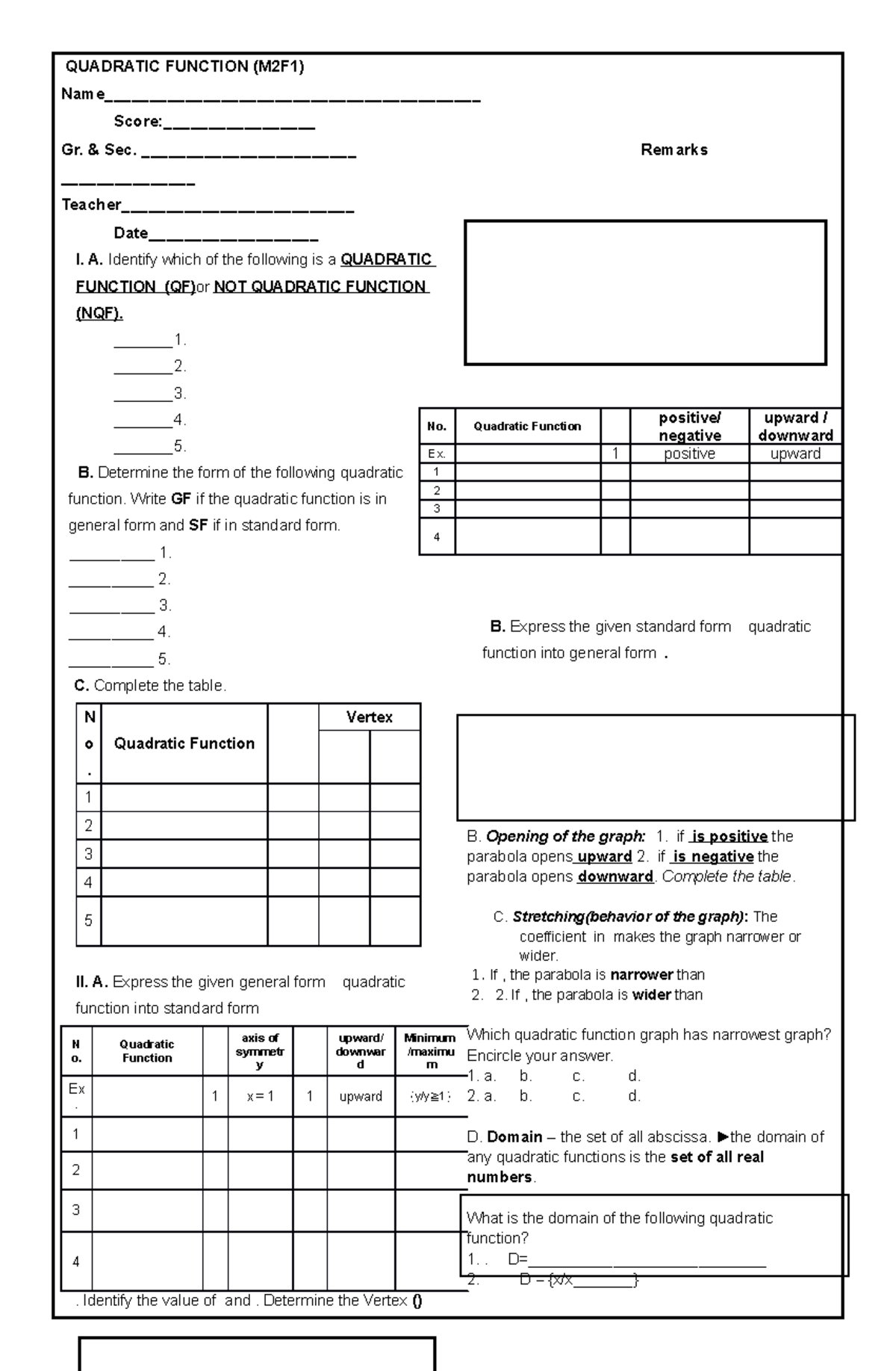 M2F1 - activity sheets - QUADRATIC FUNCTION (M2F1) Name