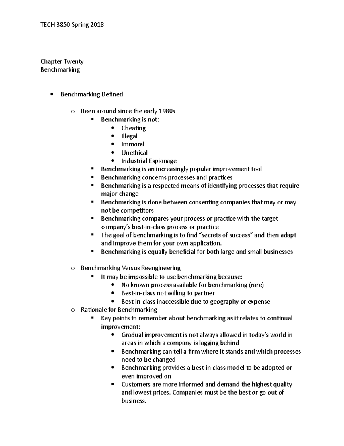 Chapter 20 notes - TECH 3850 Spring 2018 Chapter Twenty Benchmarking ...