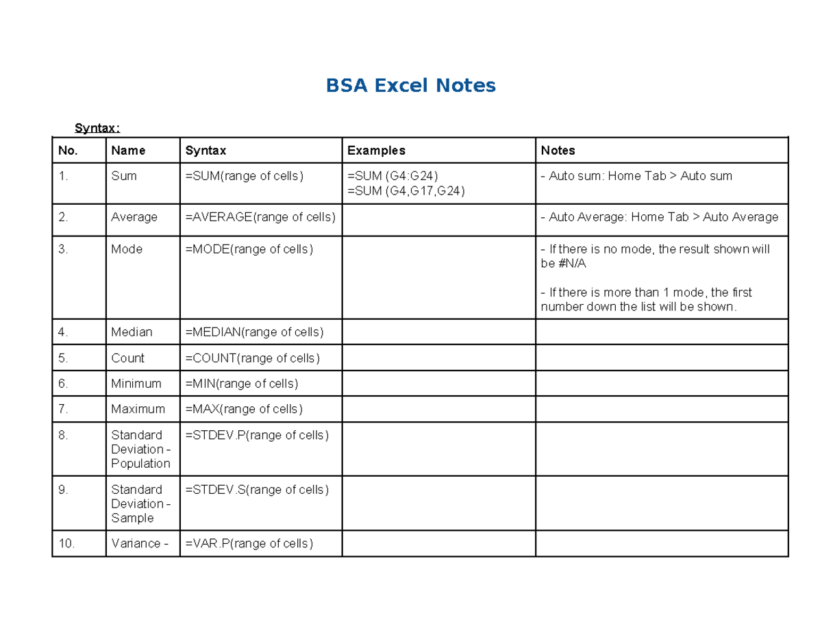 Excel Notes - BSA Excel Notes Syntax: No. Name Syntax Examples Notes 1 ...