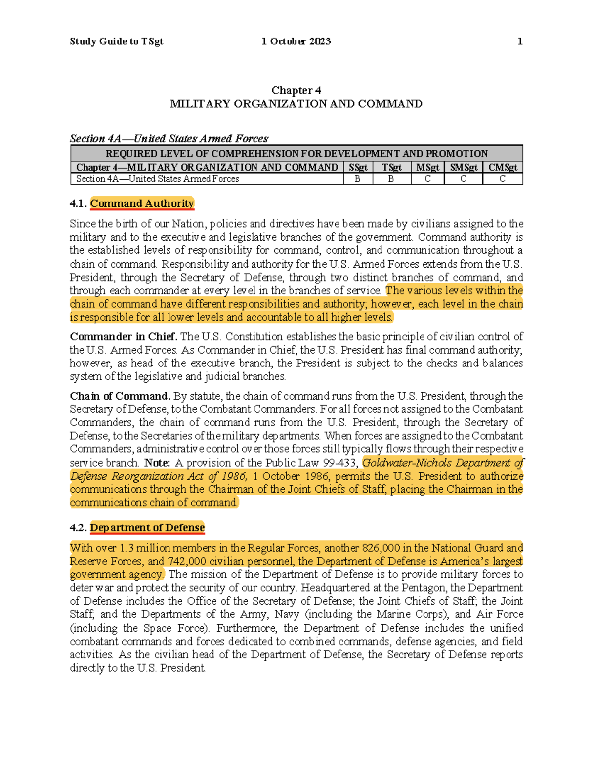 Chapter 4 Section 4A United States Armed Forces Study Guide to TSgt 1 October 2023 1 Chapter 4
