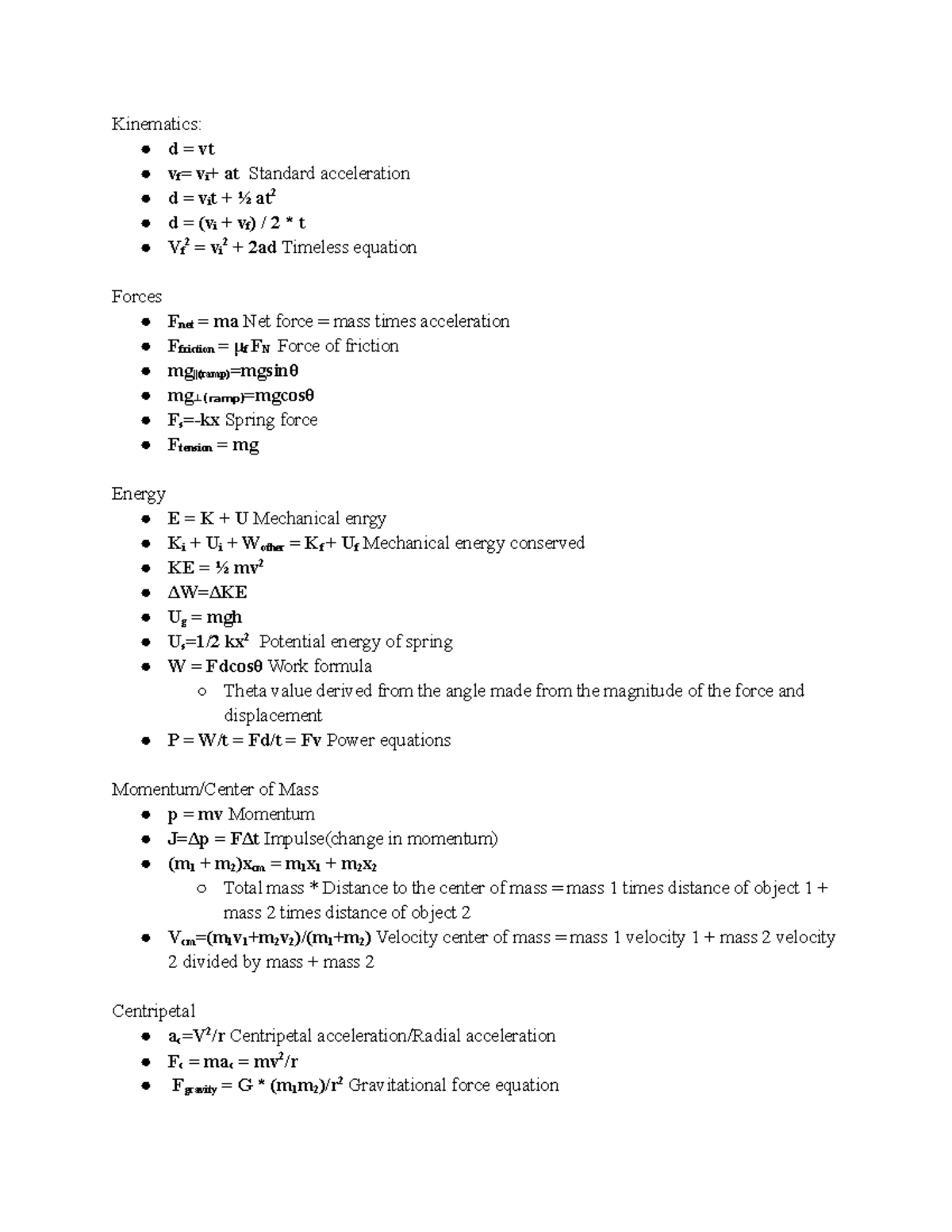 Physics formula - dadwadwa - Kinematics: d = vt vf= vi+ at Standard ...