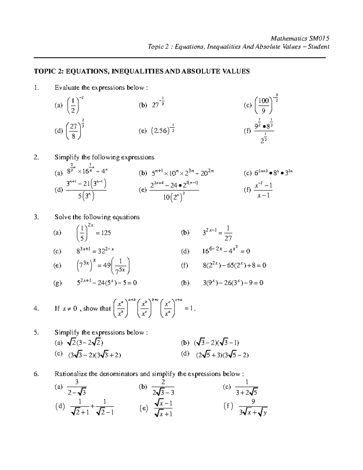 Topic 2 - Tutorial Student SM015 2022-2023 - Topic 2 : Equations ...