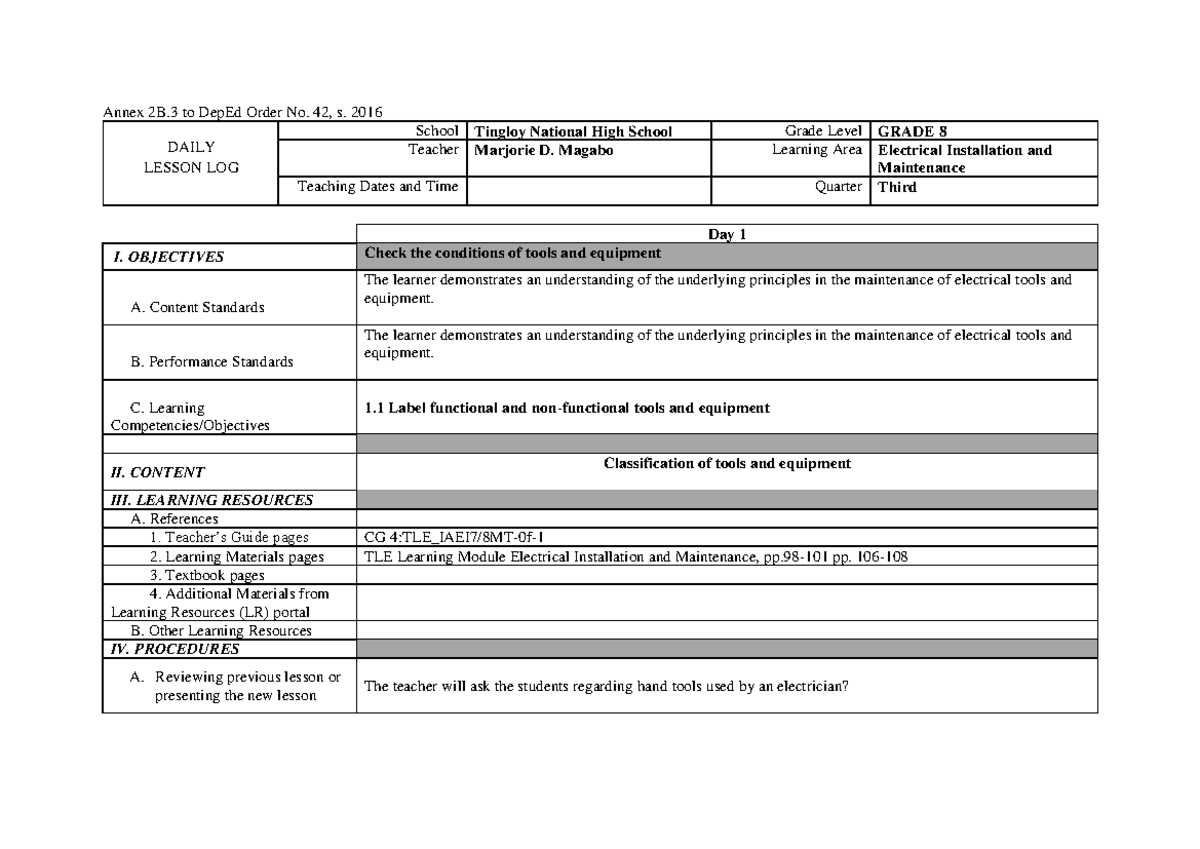 DLL Entries EIM- Marjorie Magabo - Annex 2B to DepEd Order No. 42, s ...