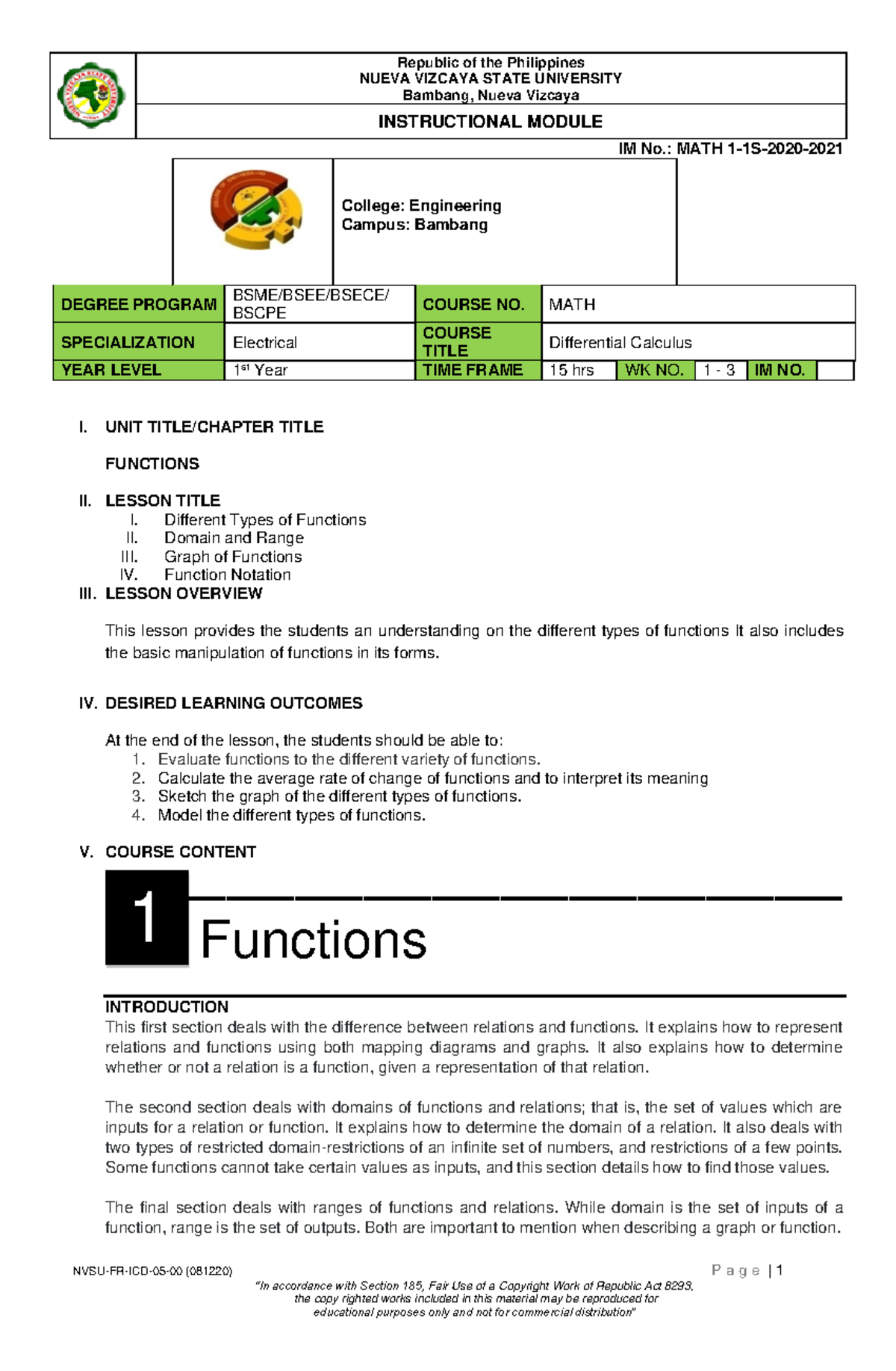 Calculus-Module- Final - NUEVA VIZCAYA STATE UNIVERSITY Bambang, Nueva ...