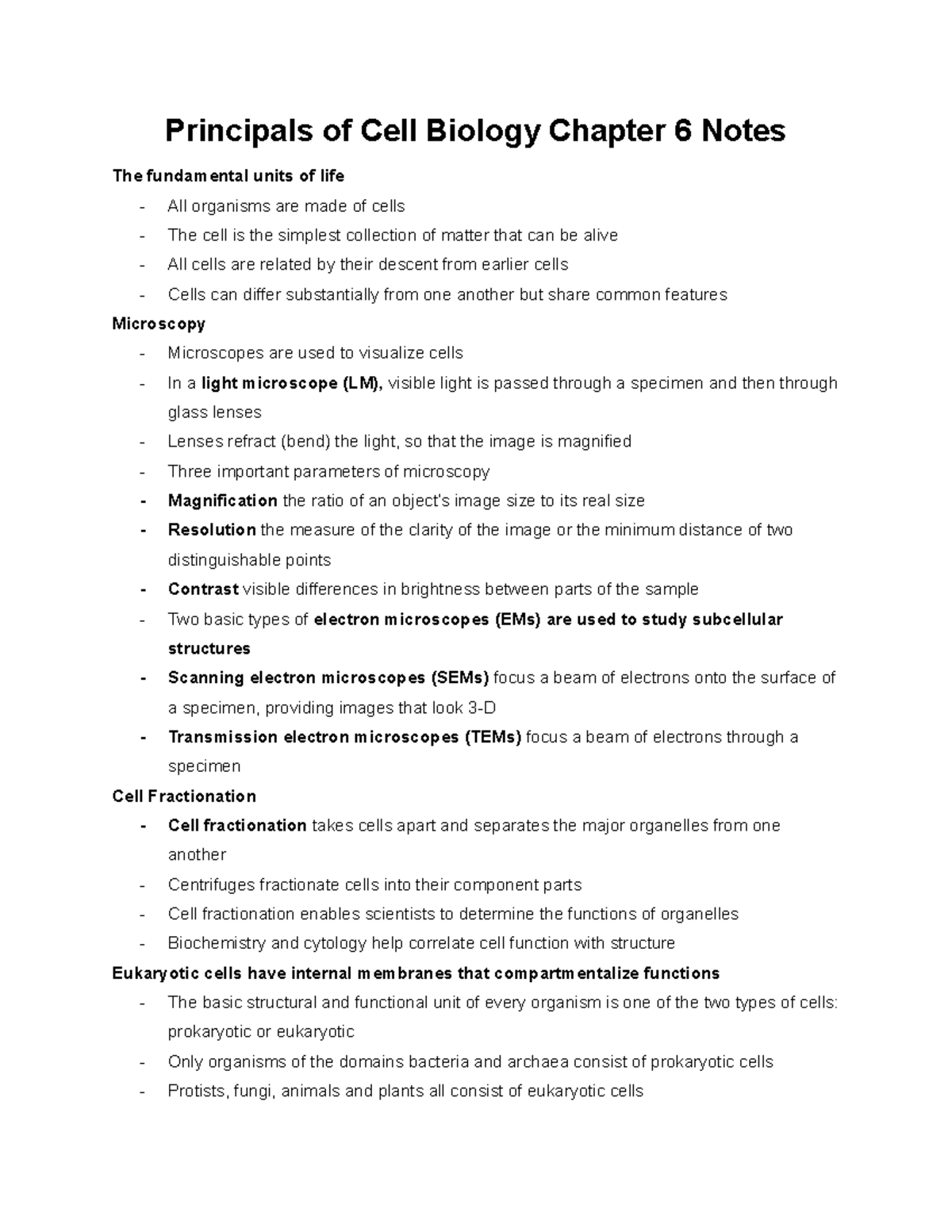 Biology Chapter Notes Principals Of Cell Biology Chapter Notes