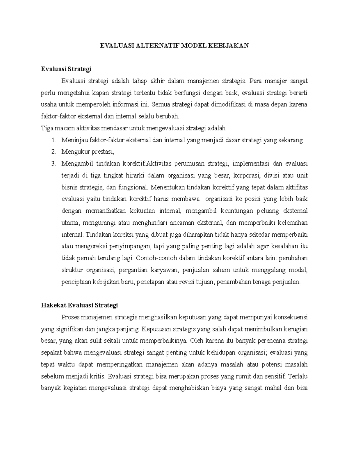 Evaluasi Alternatif Model Kebijakan - EVALUASI ALTERNATIF MODEL ...