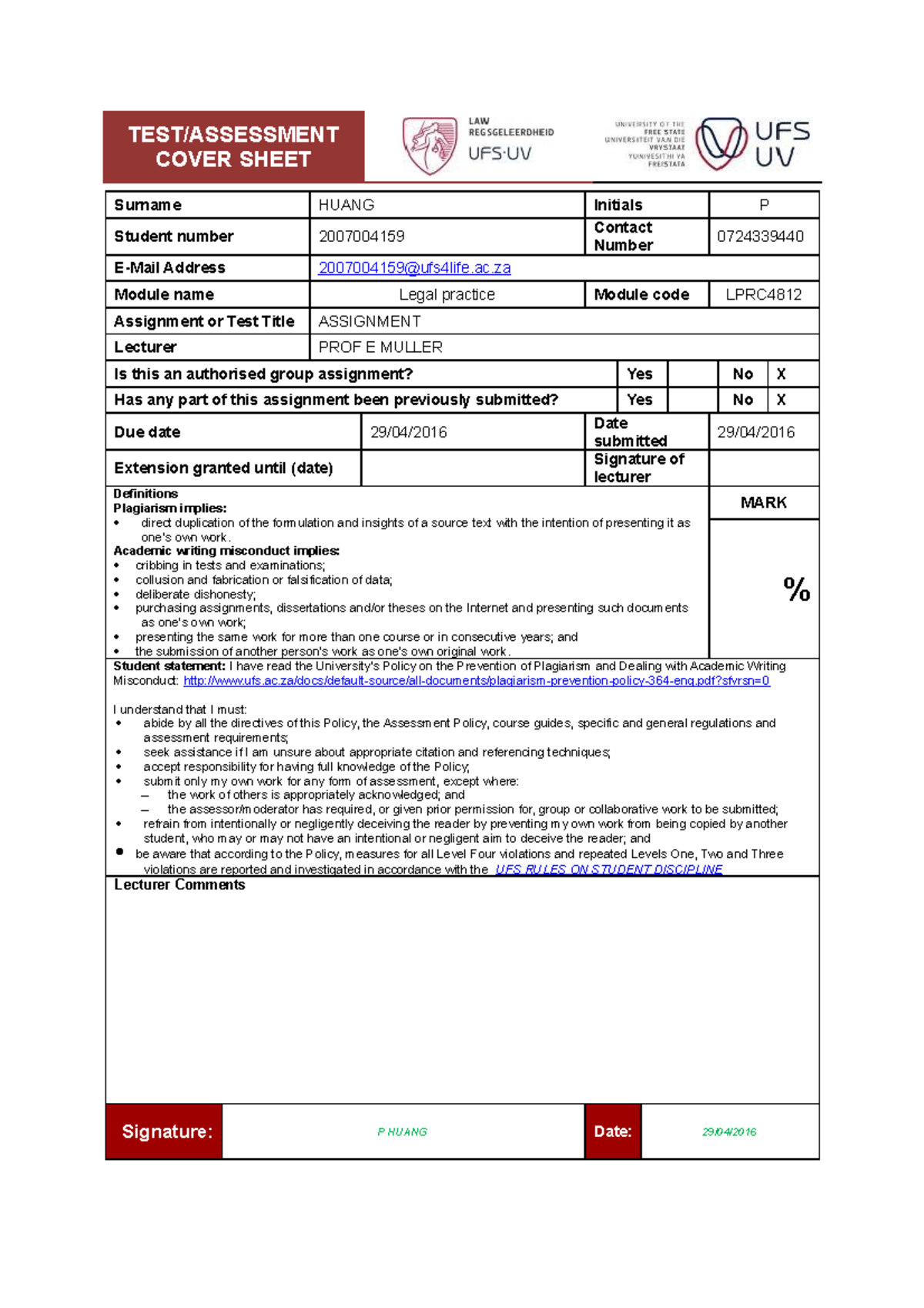 LPRC4812 Assignment - TEST/ASSESSMENT COVER SHEET Surname HUANG ...