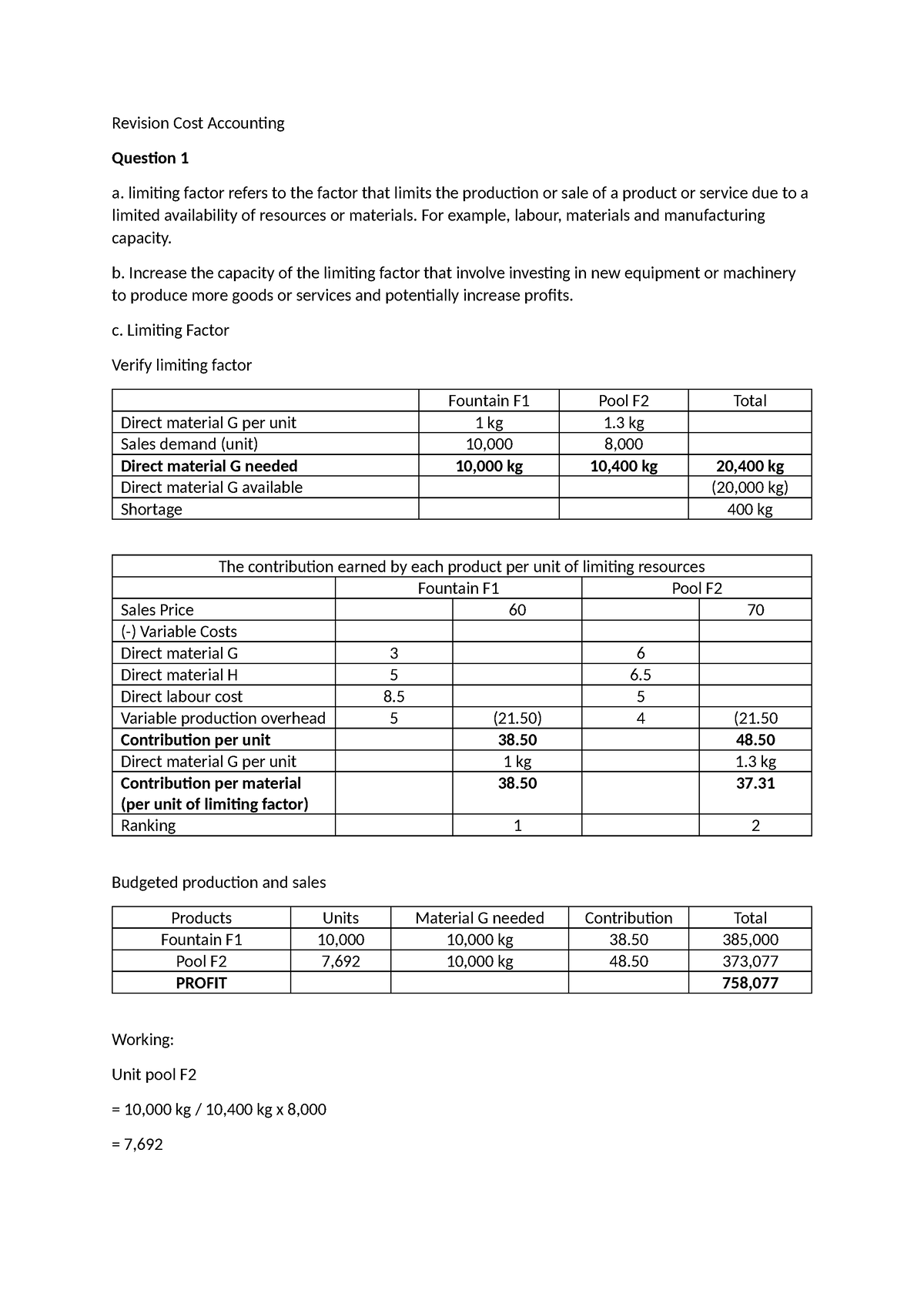 Revision Cost Accounting Copy - Revision Cost Accounting Question 1 A 