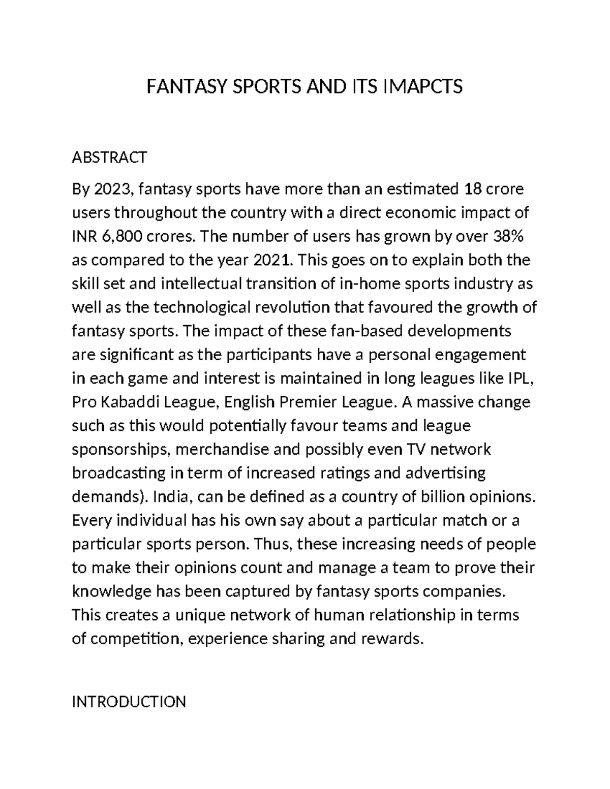 Fantasy Sports And Its Impacts FANTASY SPORTS AND ITS IMAPCTS