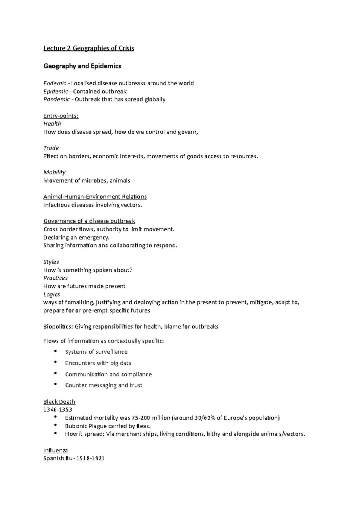 Geography and epidemics notes - Lecture 2 Geographies of Crisis ...