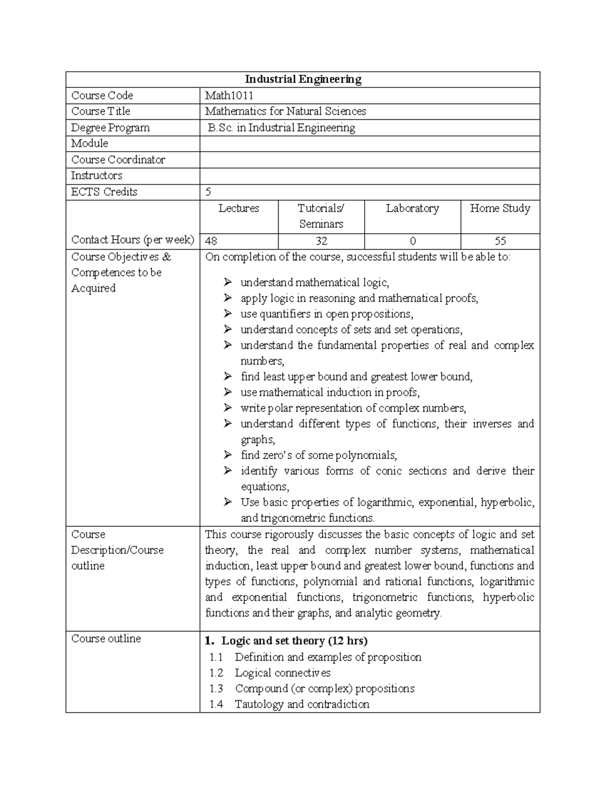 Fresh man - Industrial Engineering Course Code Math Course Title ...